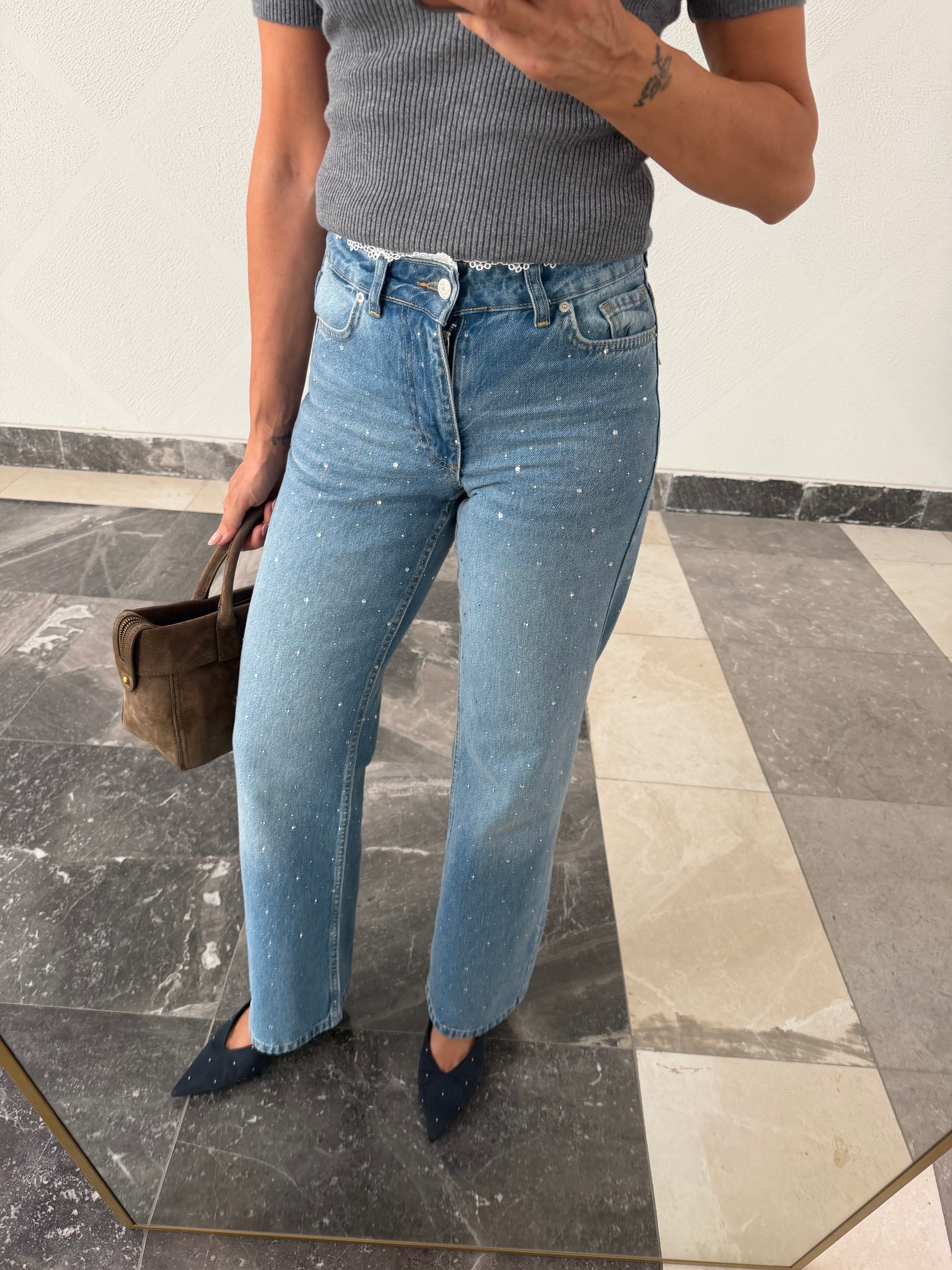 Dantel Ve Taş Detaylı Wide Leg Nefis Jean