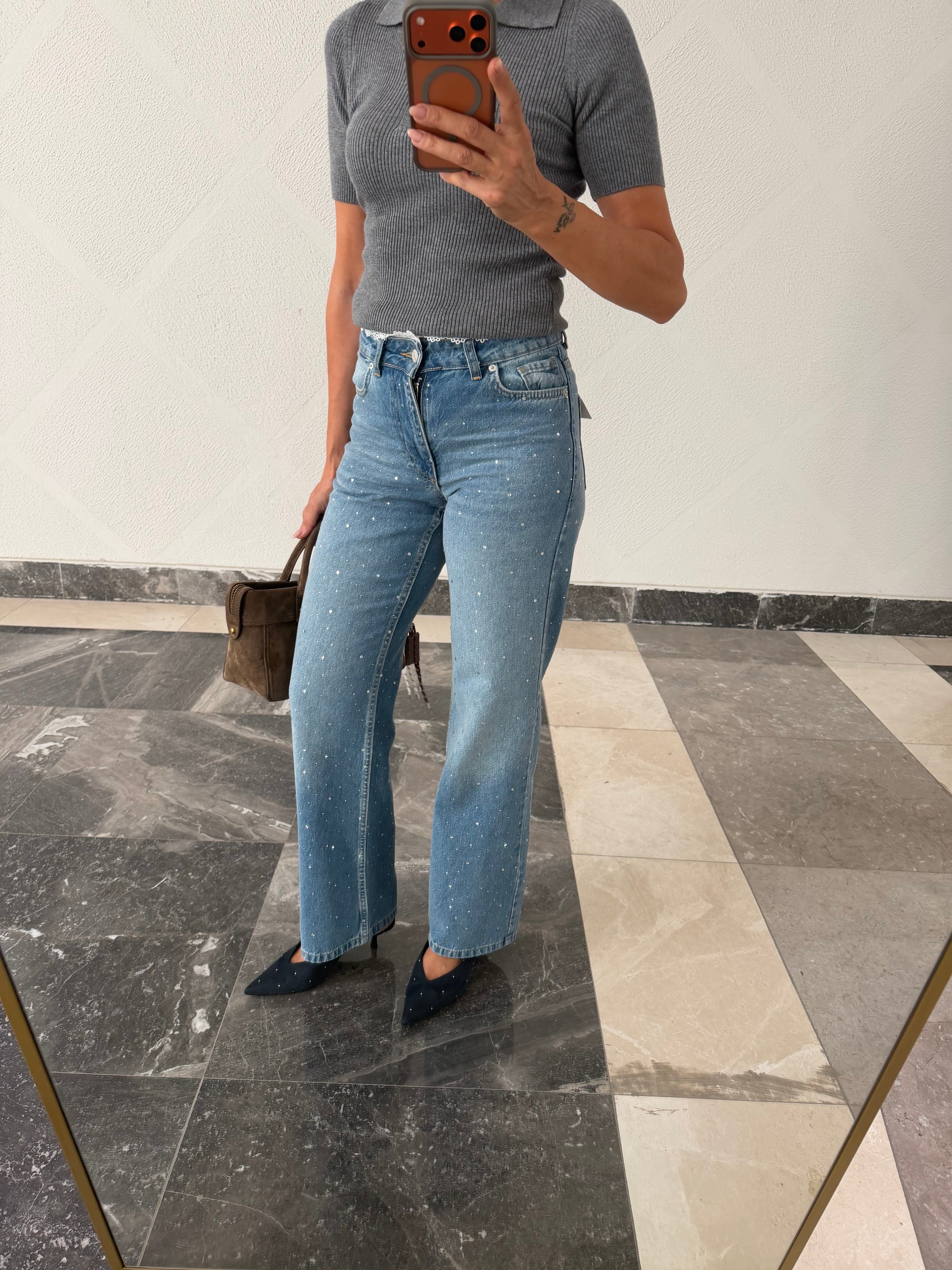 Dantel Ve Taş Detaylı Wide Leg Nefis Jean