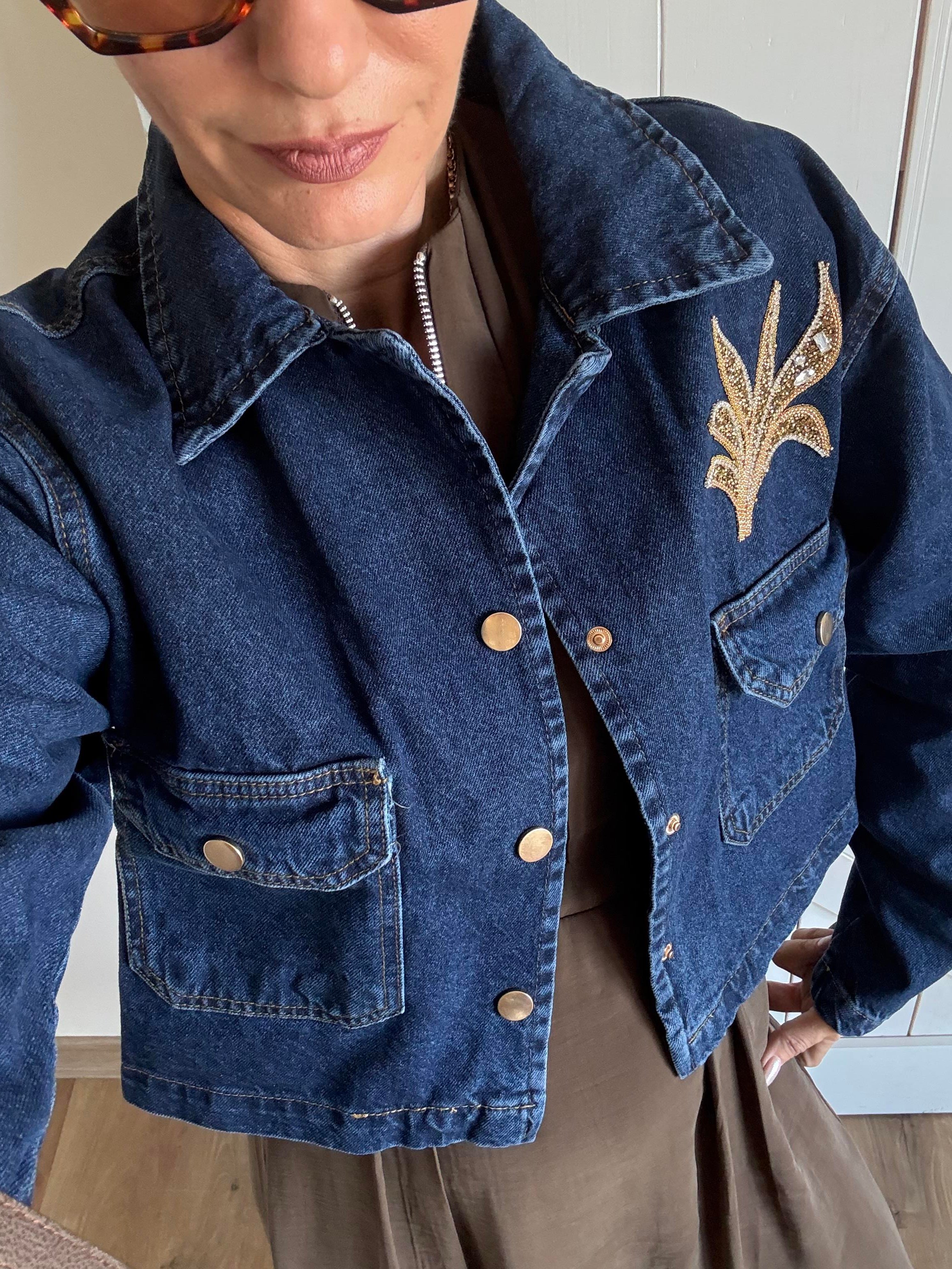 Denim Boncuk İşlemeli Ceket