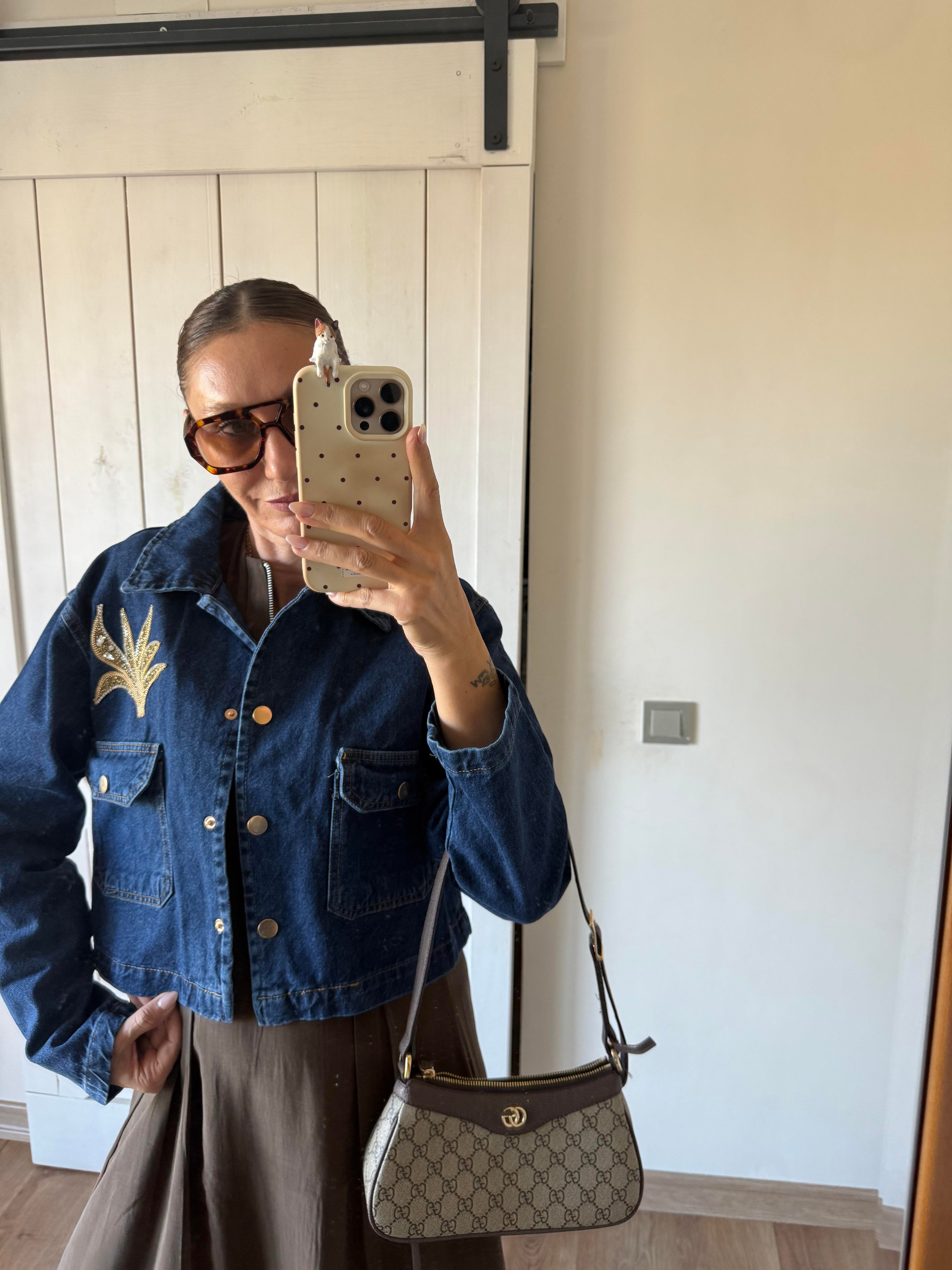 Denim Boncuk İşlemeli Ceket