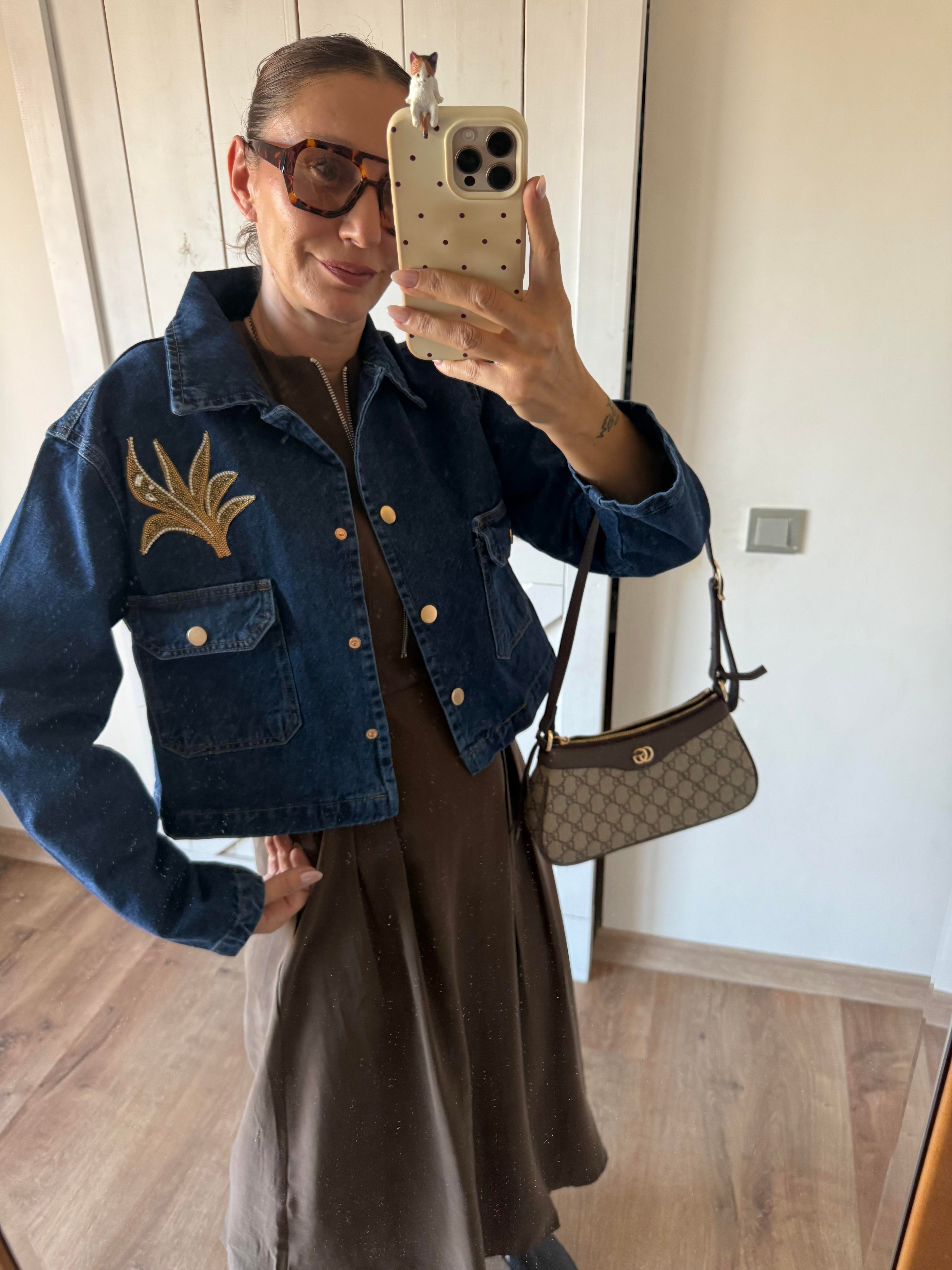 Denim Boncuk İşlemeli Ceket