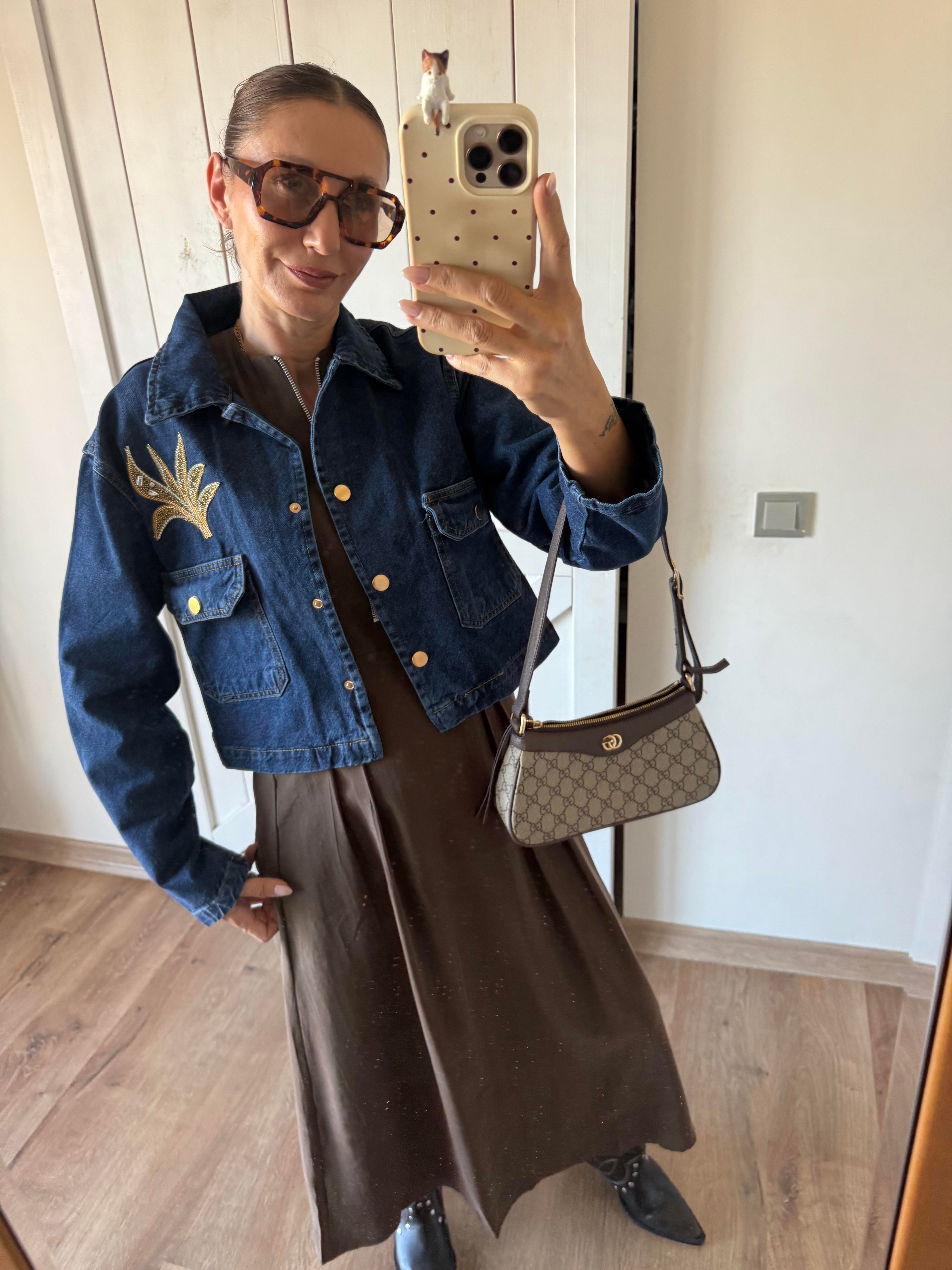 Denim Boncuk İşlemeli Ceket