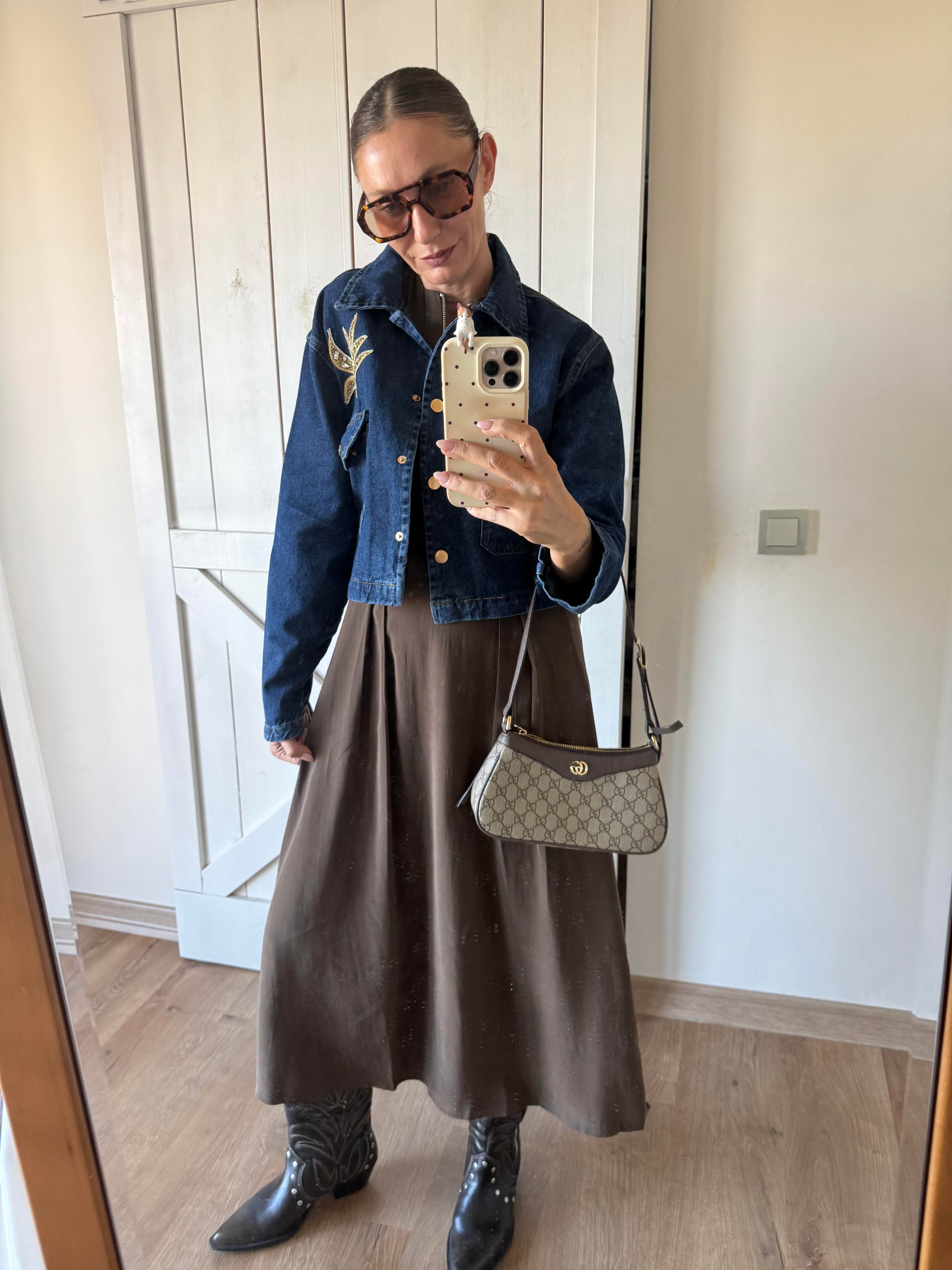 Denim Boncuk İşlemeli Ceket