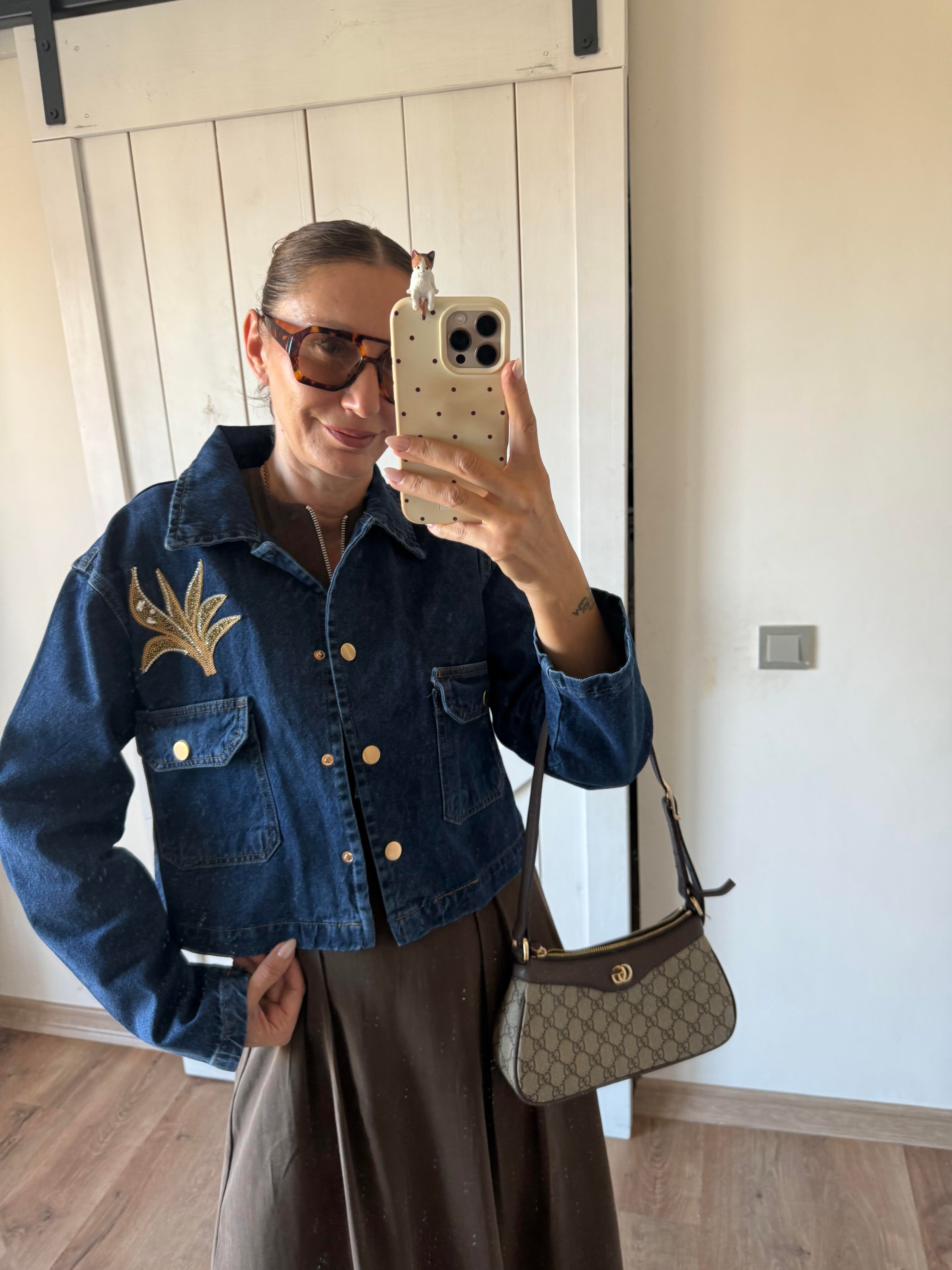 Denim Boncuk İşlemeli Ceket