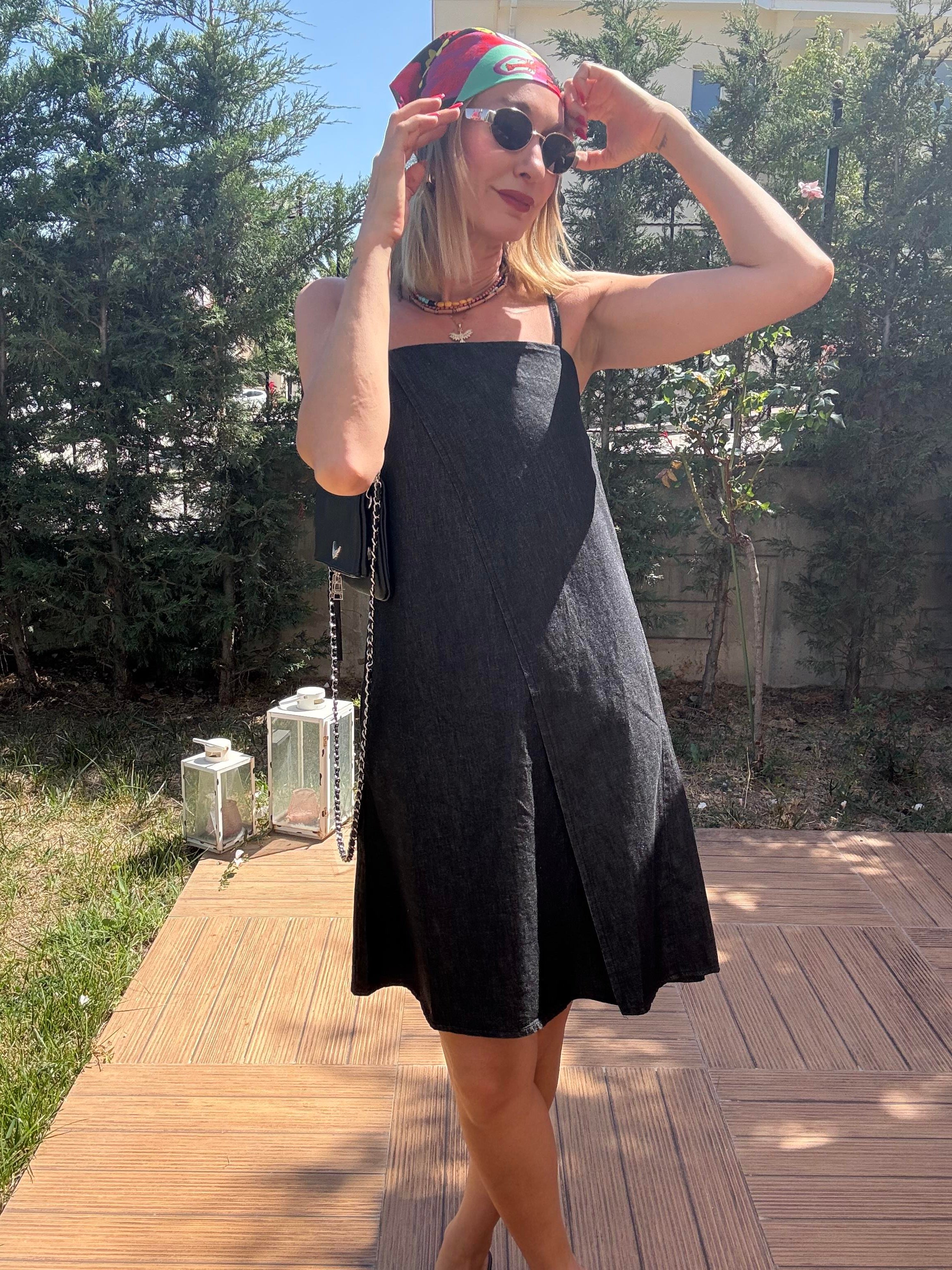 Denim Görünümlü Askılı Elbise