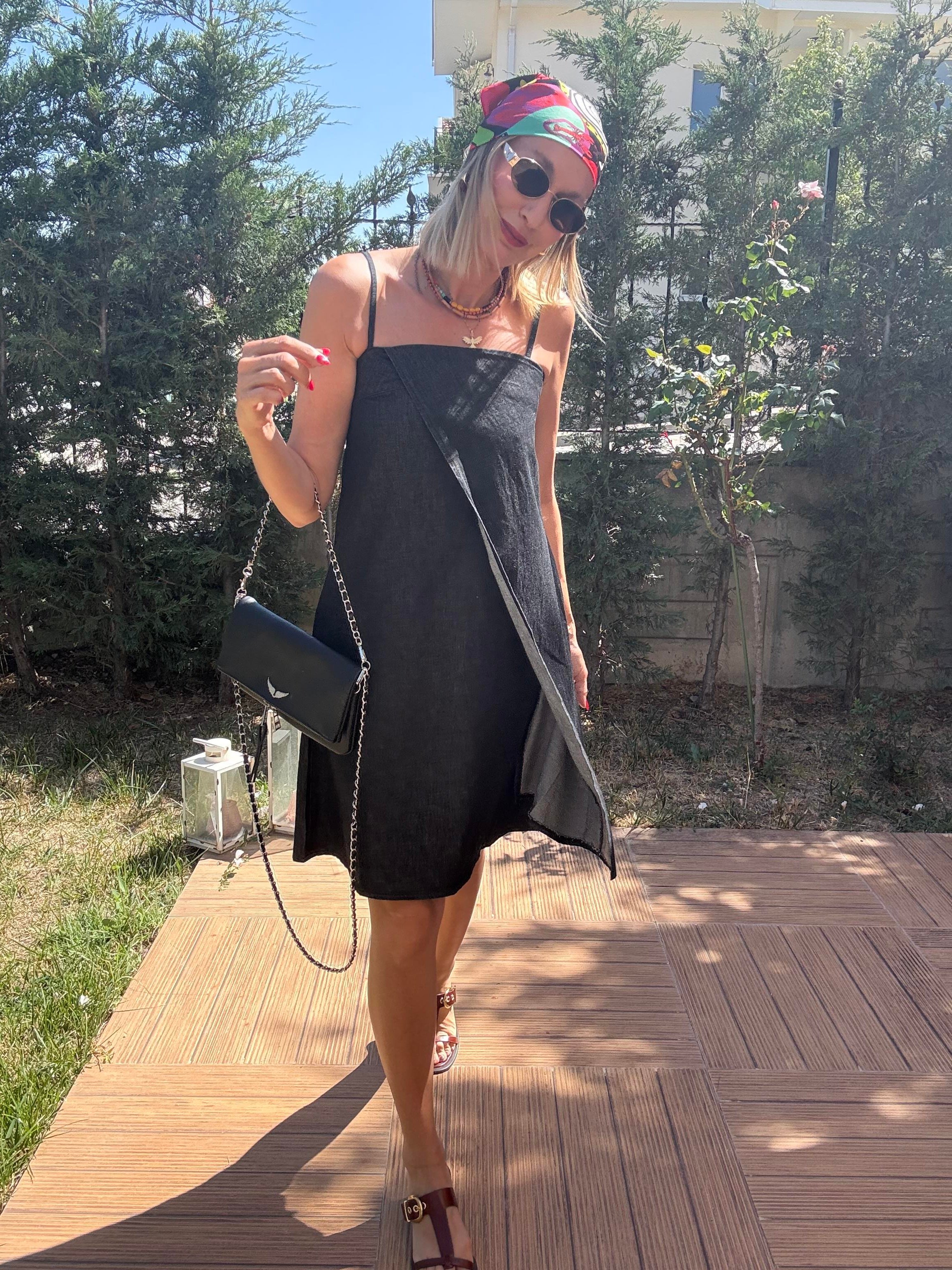 Denim Görünümlü Askılı Elbise