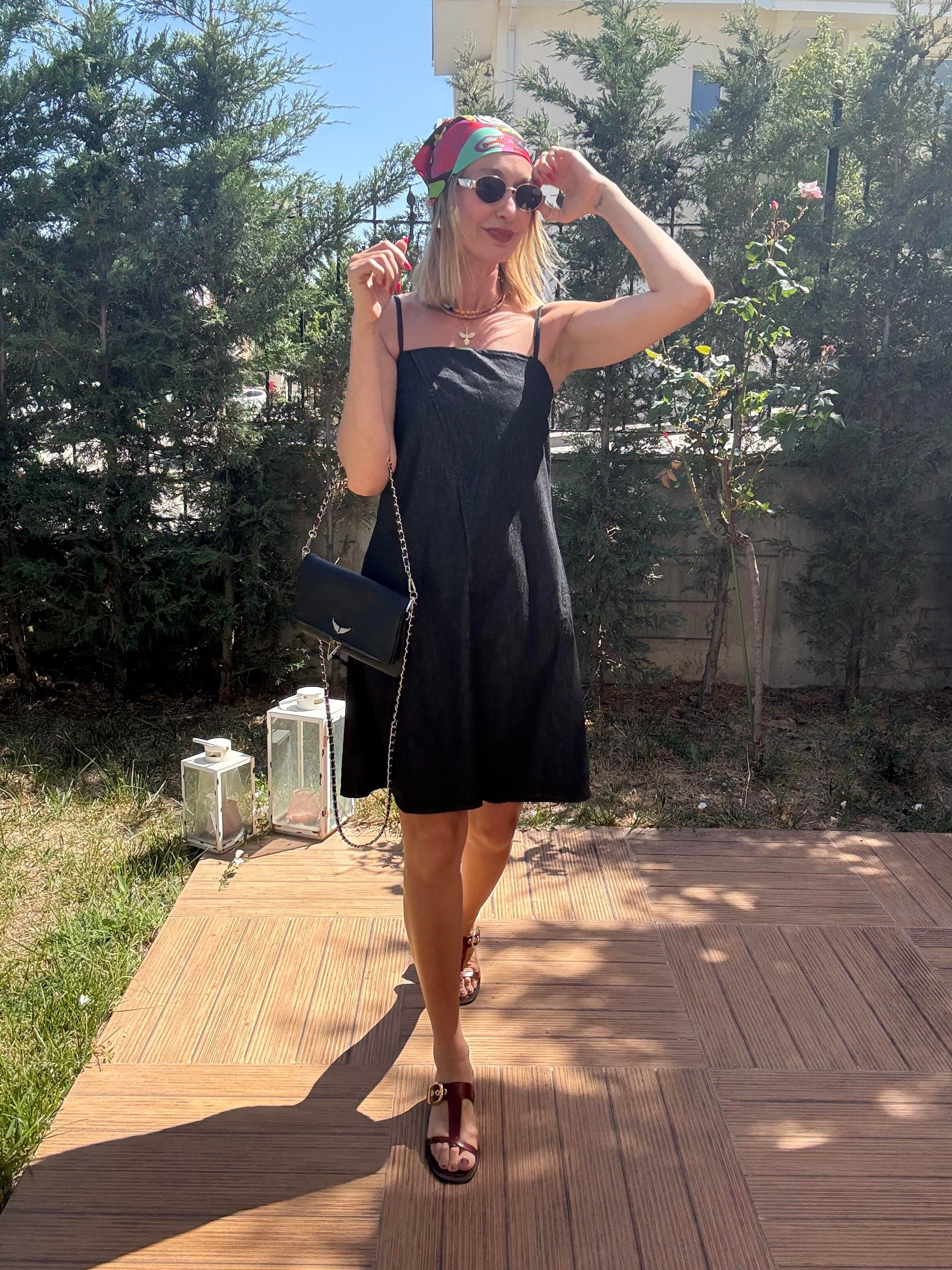 Denim Görünümlü Askılı Elbise