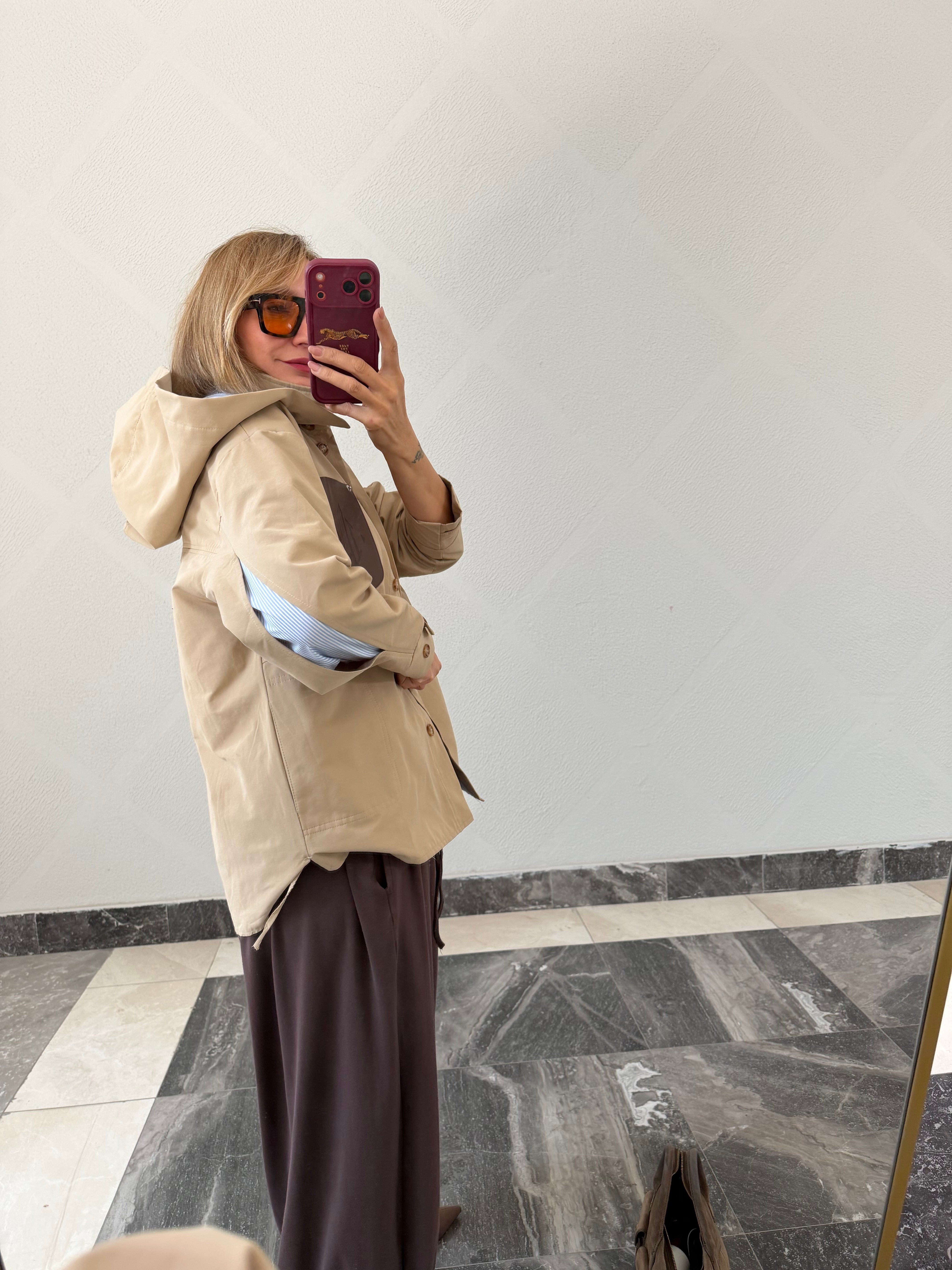 Deri Cep Detaylı Marka Model Kapüşonlu Ceket