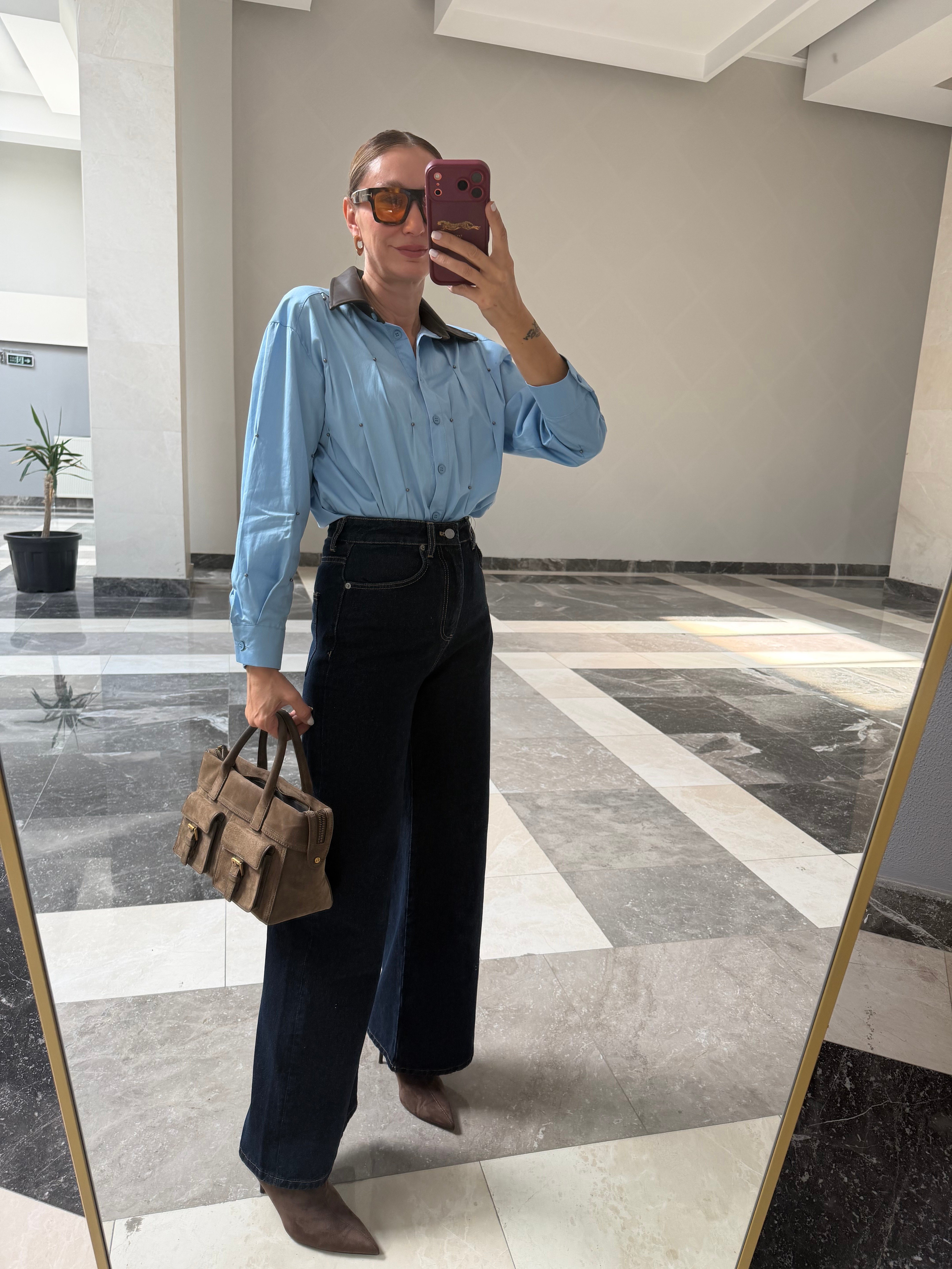 Deri Yaka Twst Model Bebek Mavi Gömlek
