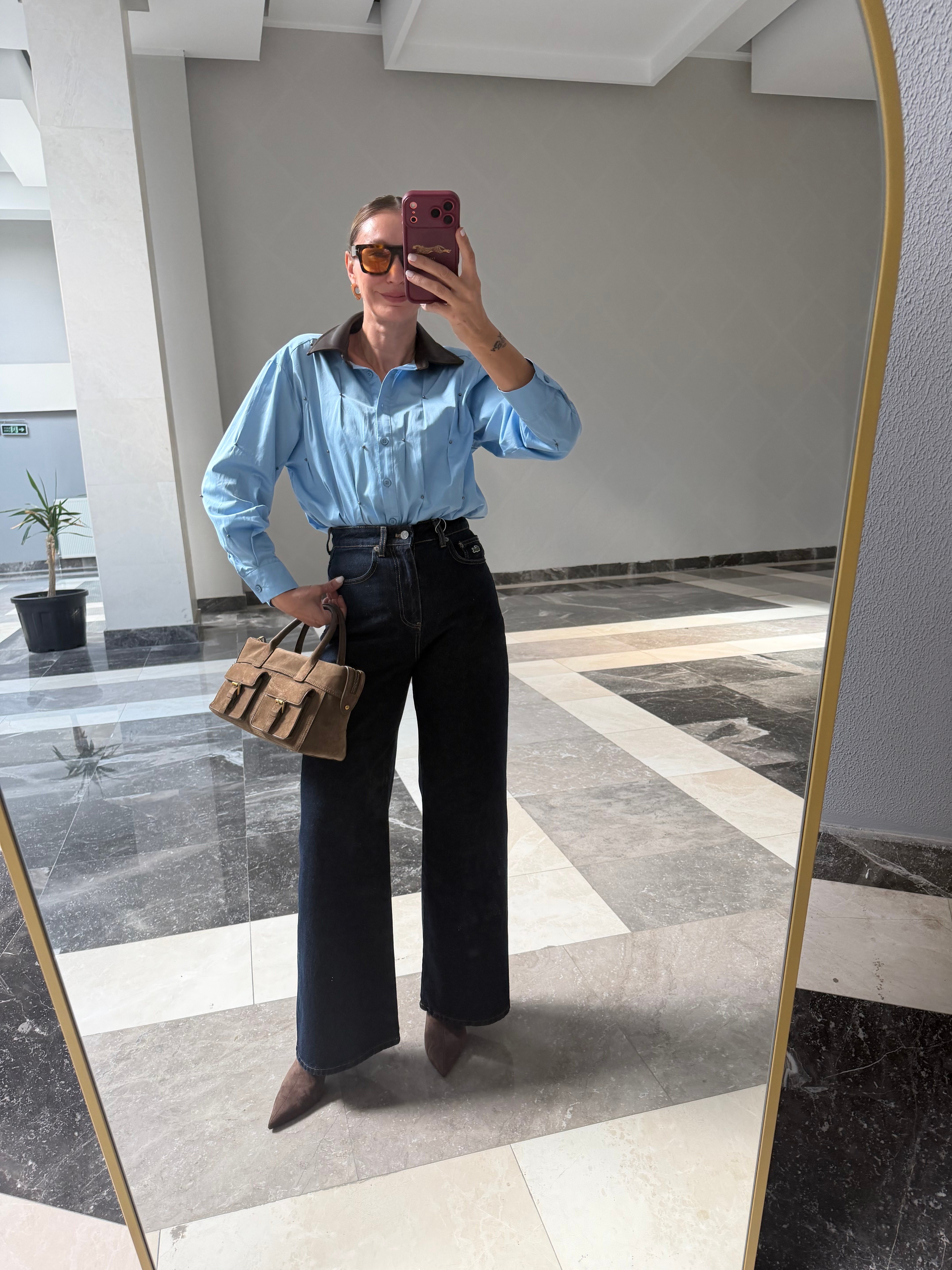 Deri Yaka Twst Model Bebek Mavi Gömlek