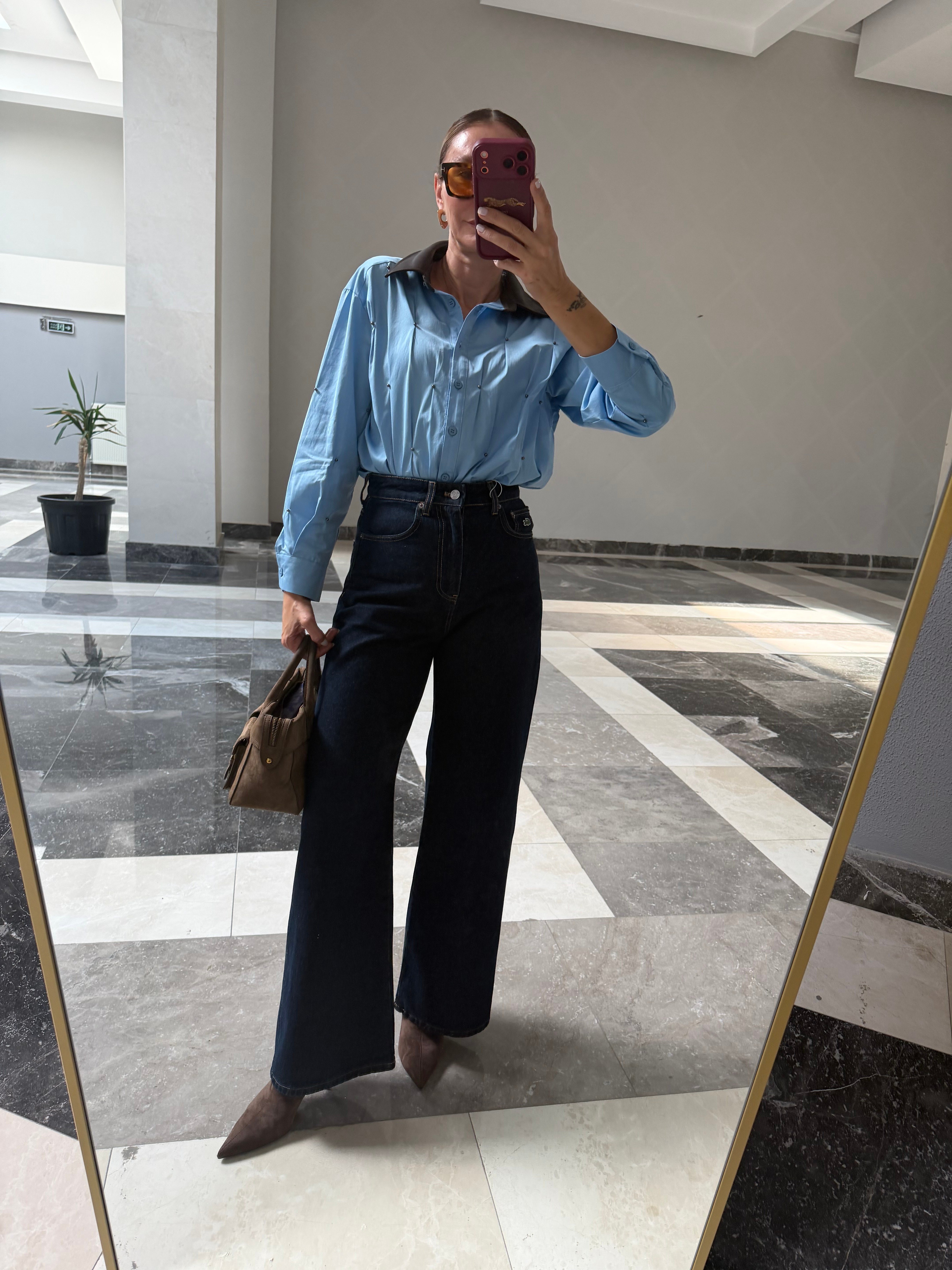 Deri Yaka Twst Model Bebek Mavi Gömlek