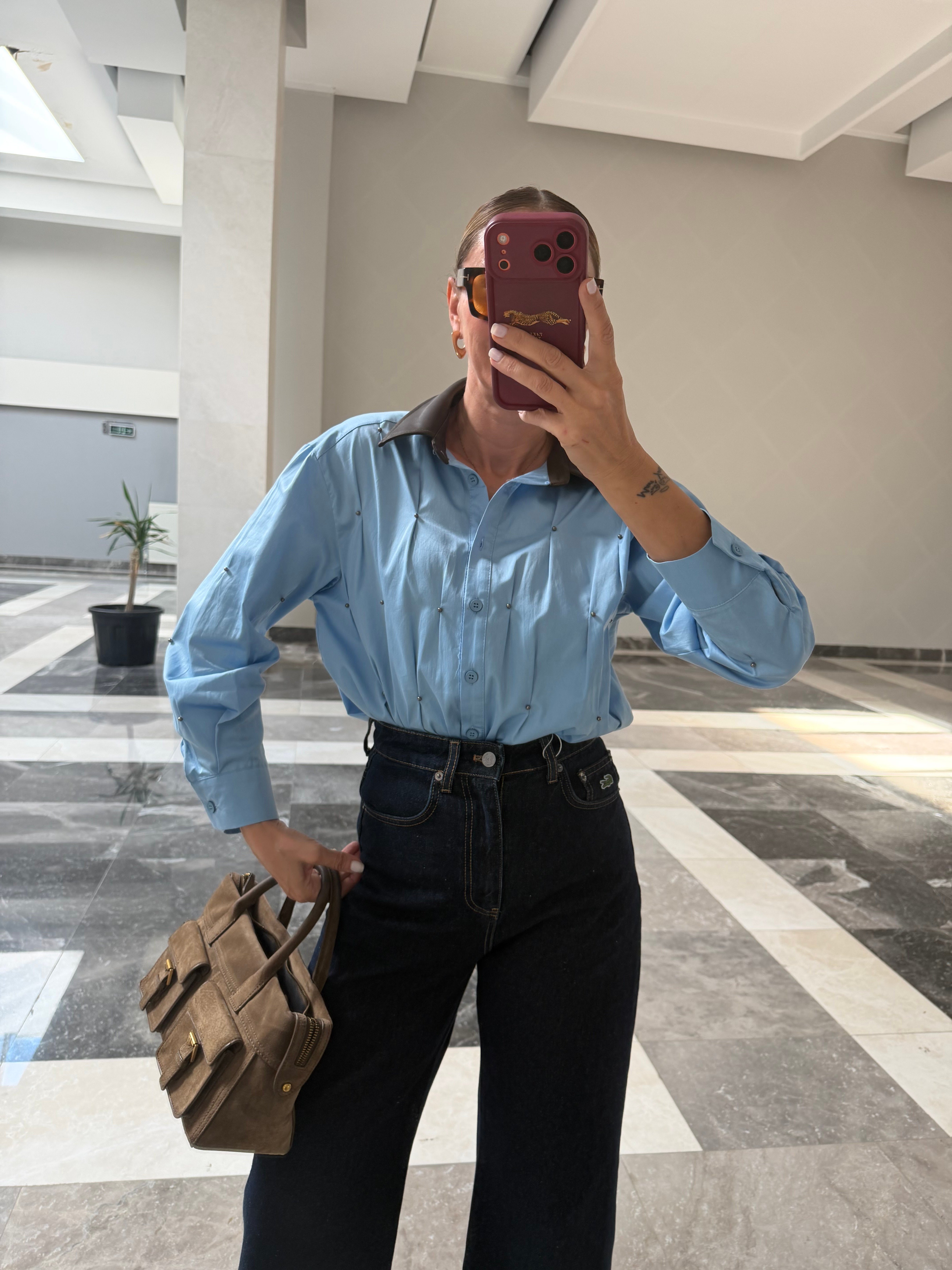 Deri Yaka Twst Model Bebek Mavi Gömlek