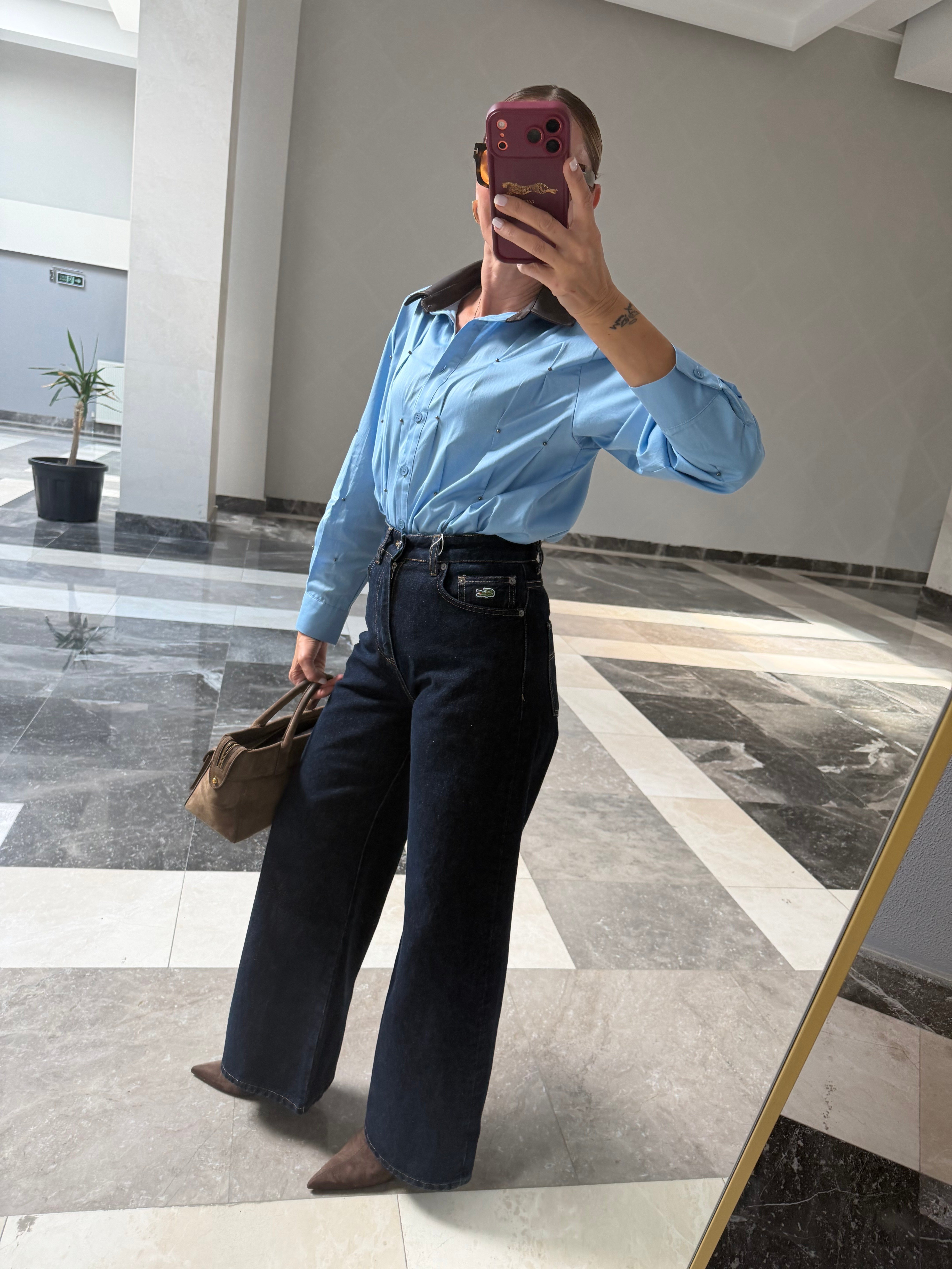 Deri Yaka Twst Model Bebek Mavi Gömlek