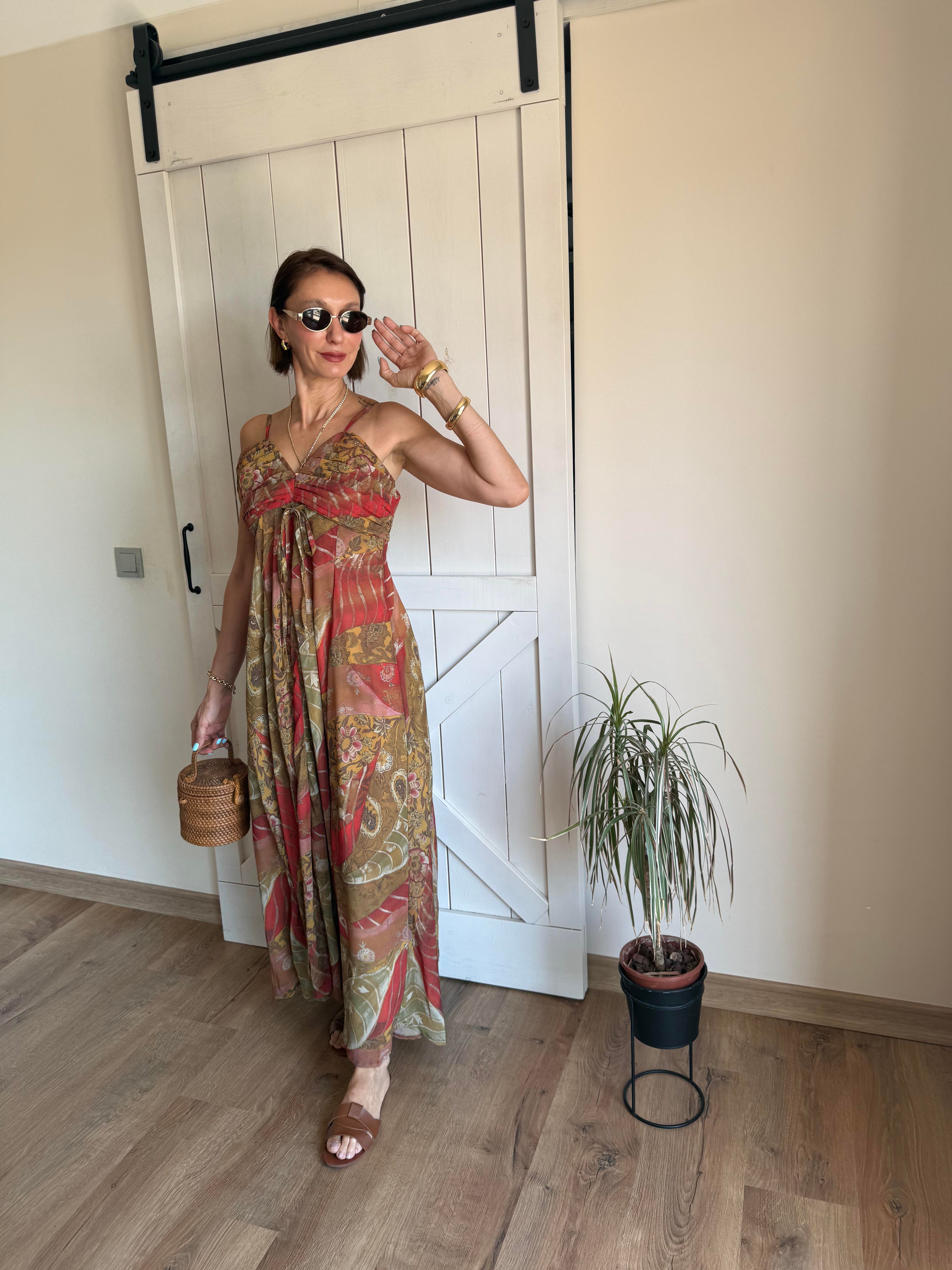 Desenli Gipeli Uzun Elbise