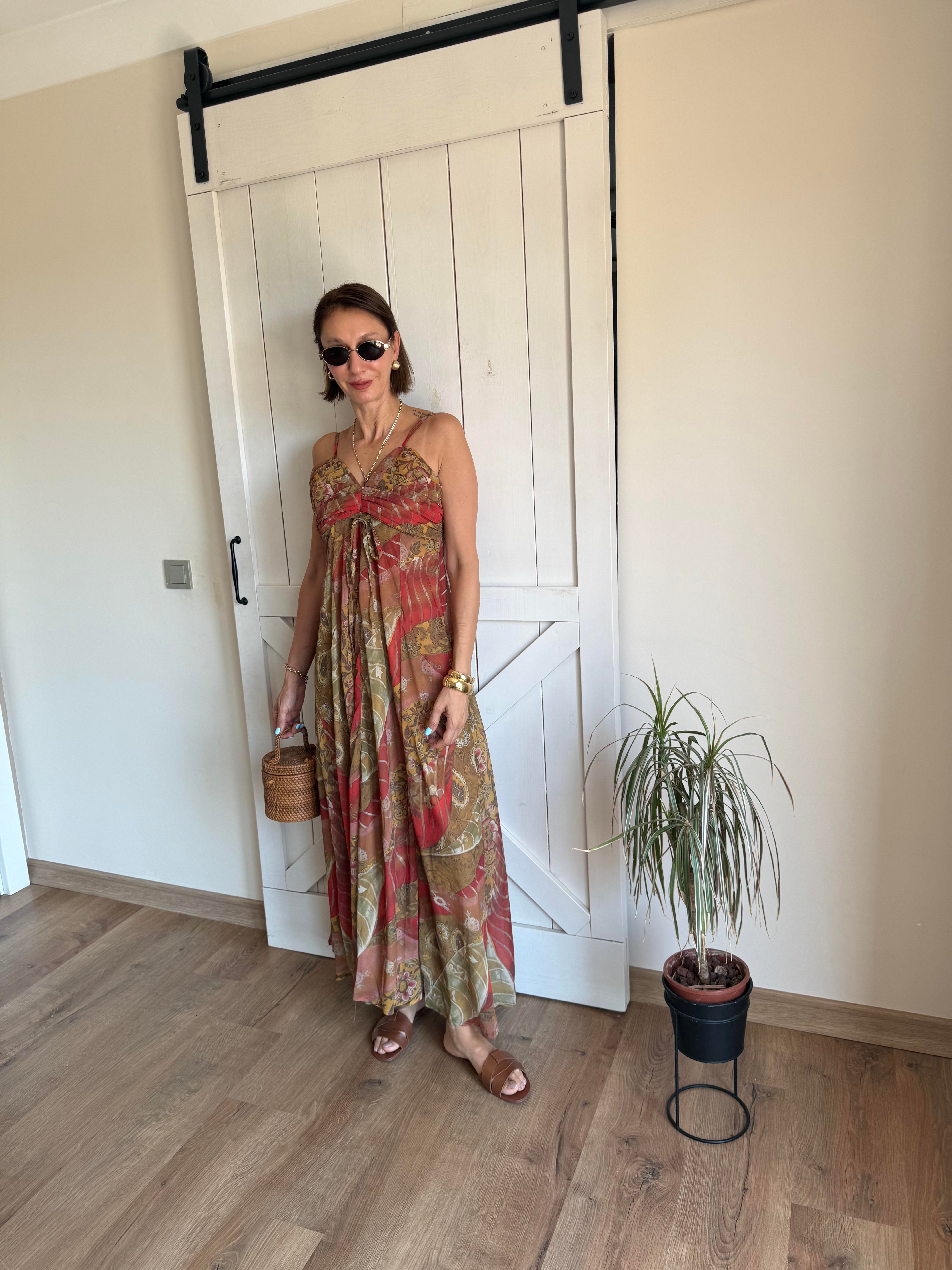 Desenli Gipeli Uzun Elbise