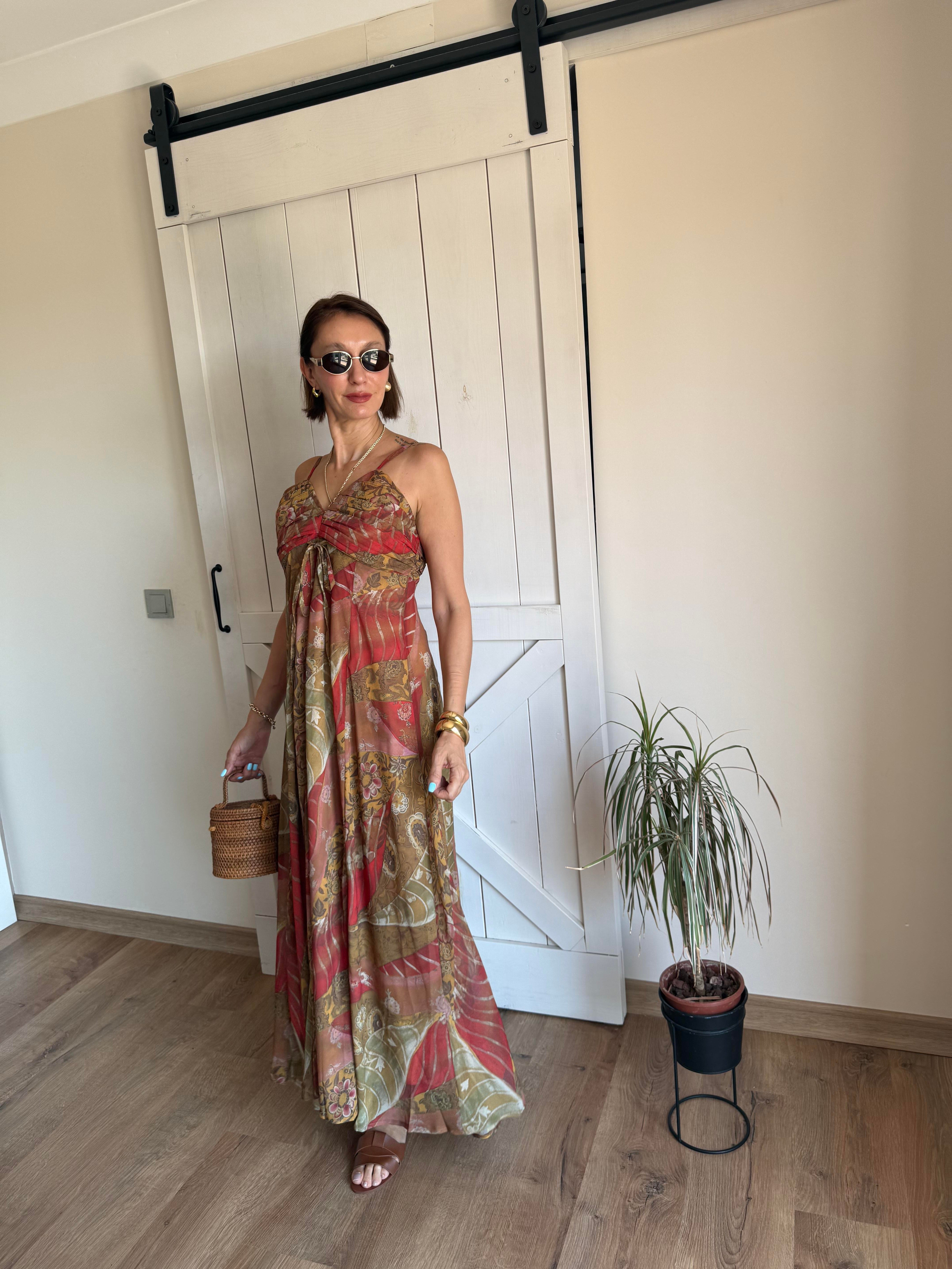 Desenli Gipeli Uzun Elbise