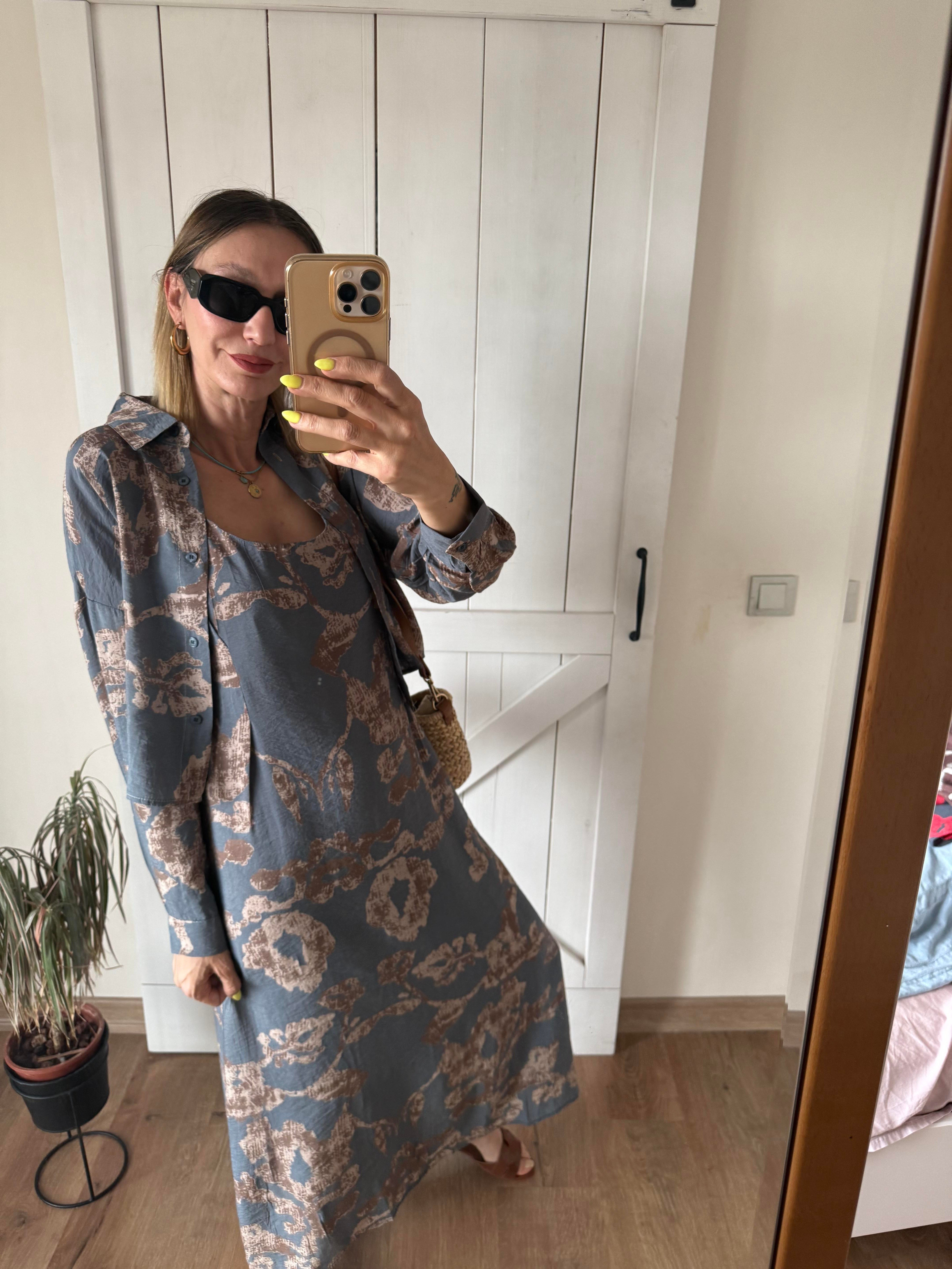 Desenli Gömlek Grey Elbise Takım