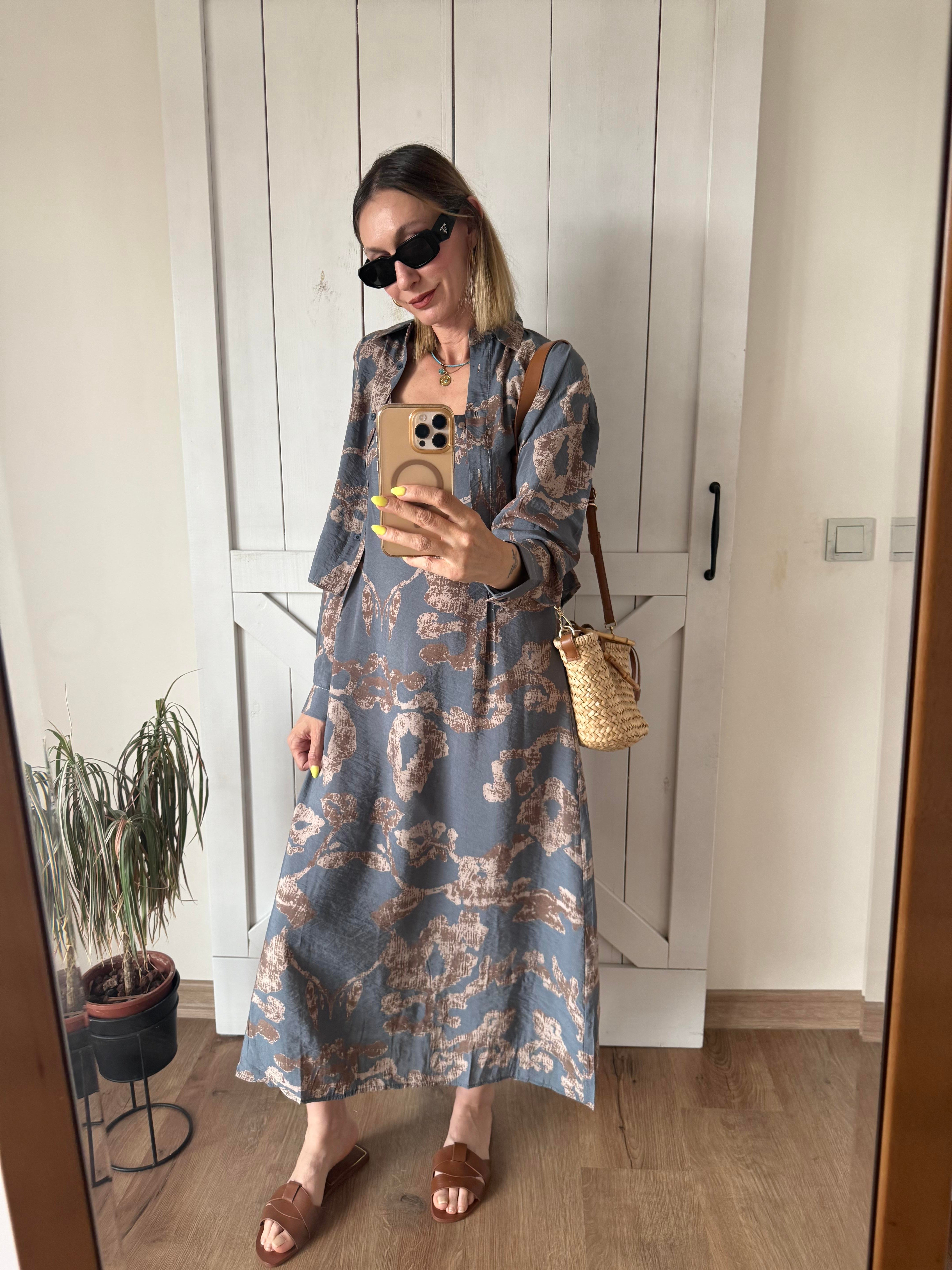 Desenli Gömlek Grey Elbise Takım