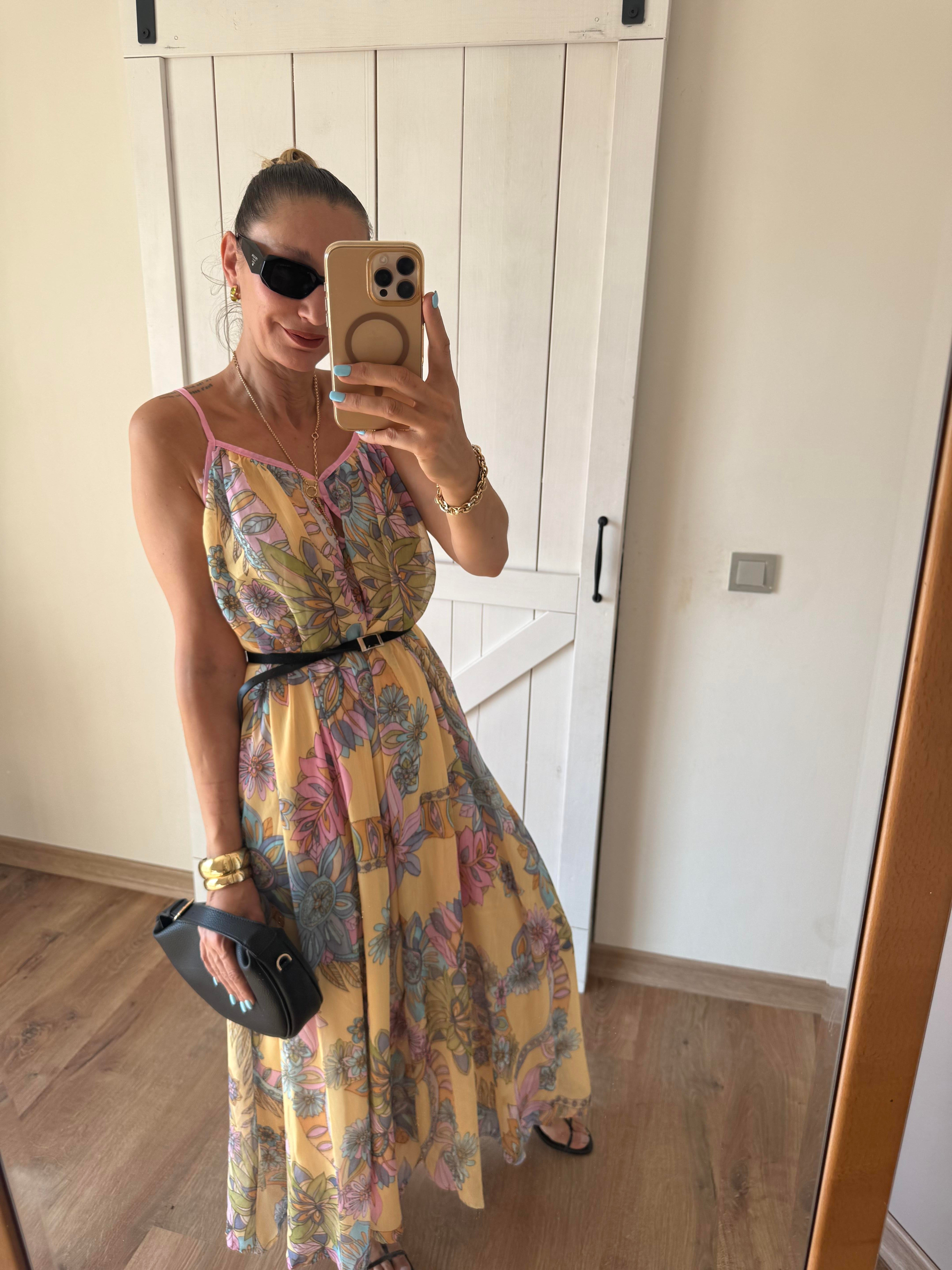 Desenli İp Askılı Elbise