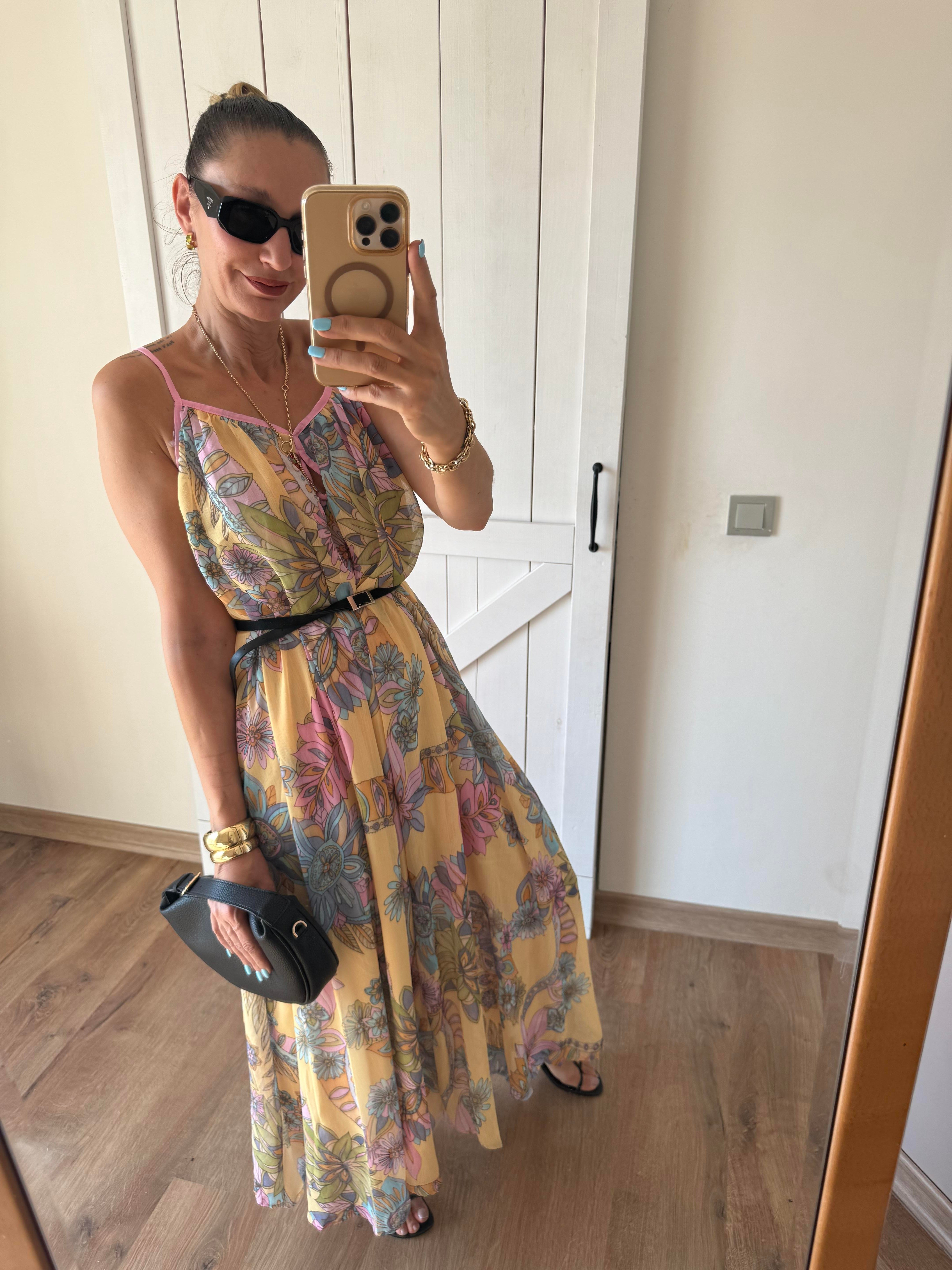 Desenli İp Askılı Elbise