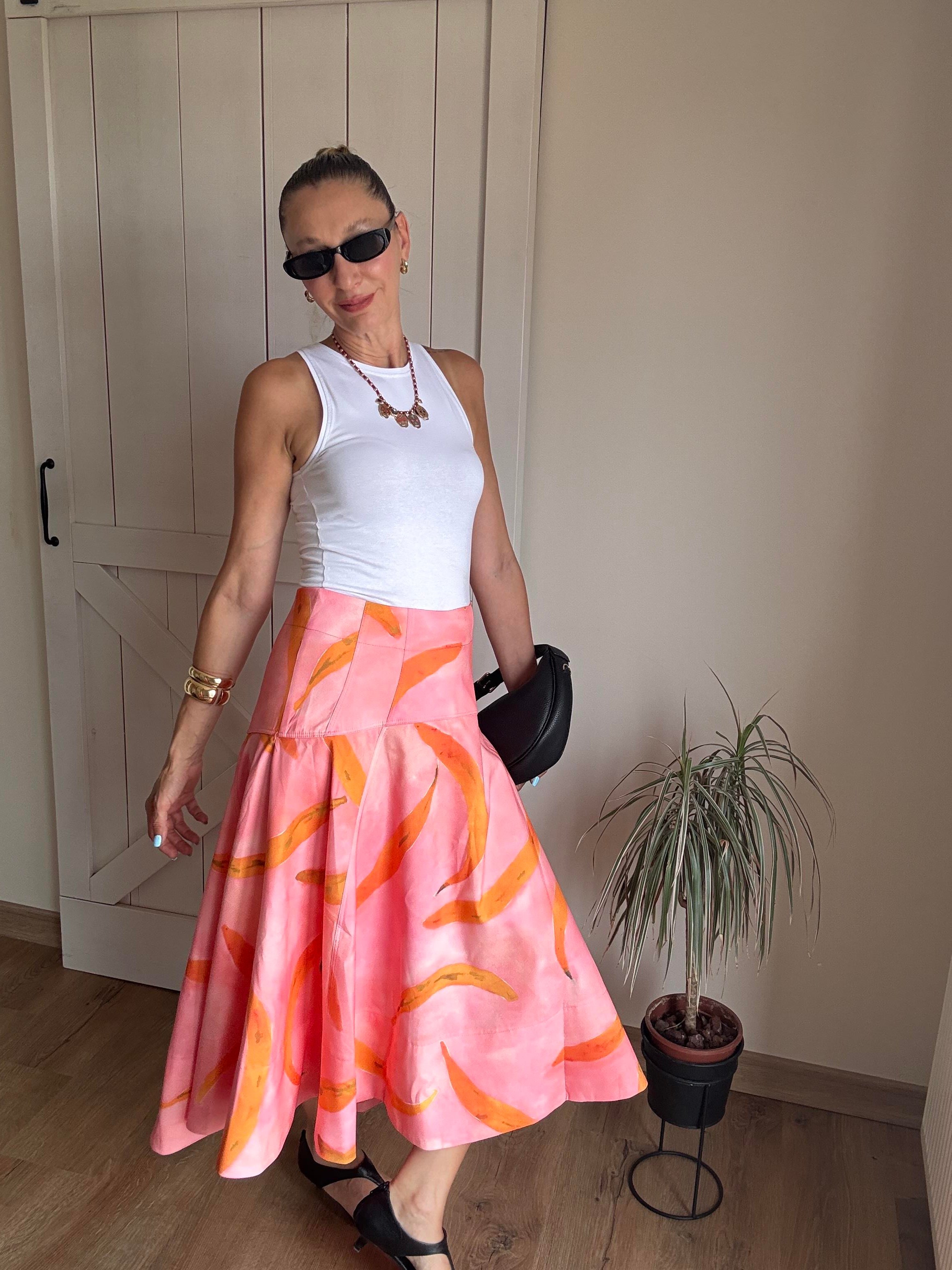 Desenli Volanlı Geniş Kalıp Etek