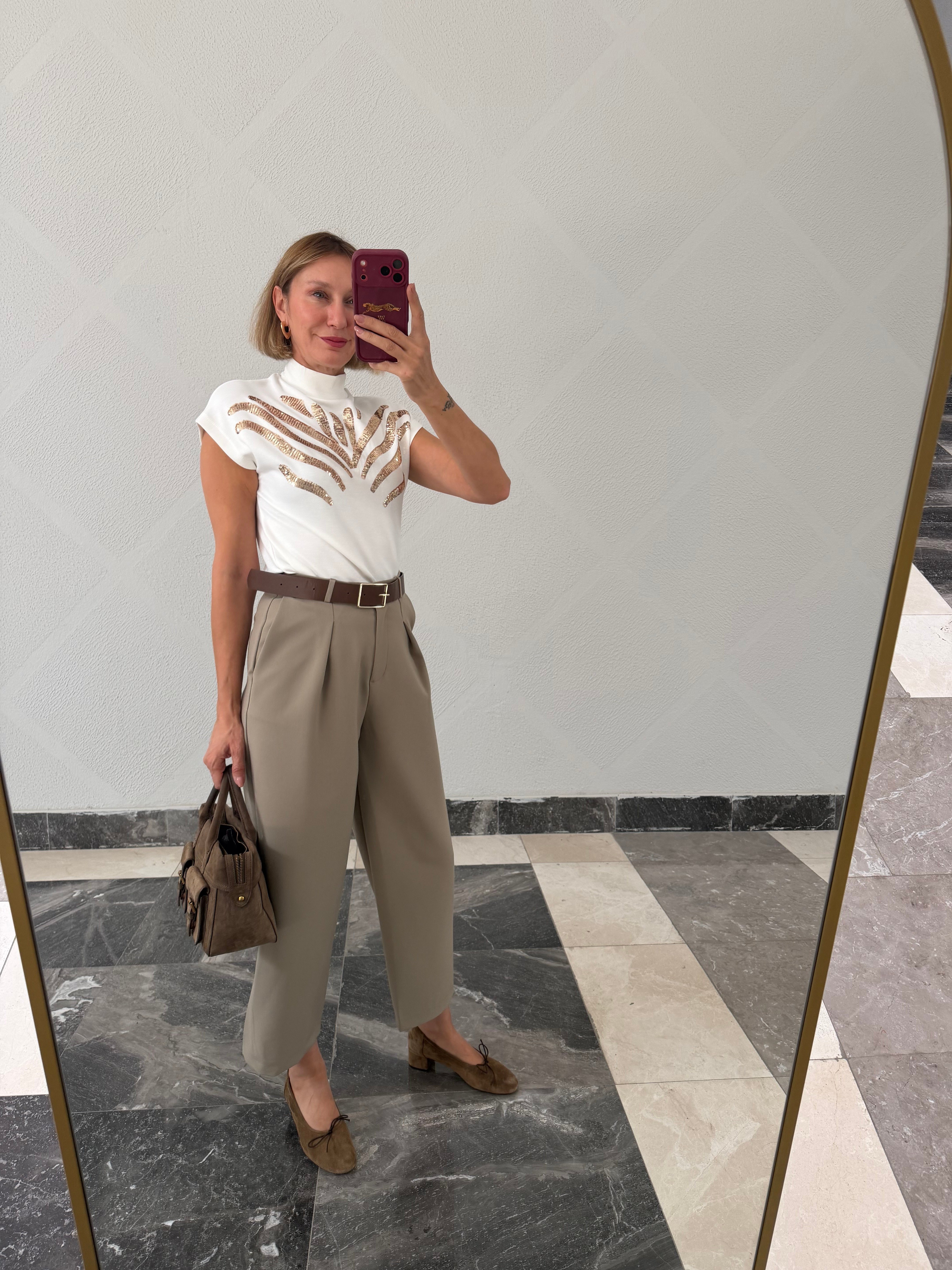 Dik Yaka Work Pul Detaylı Nefis Tshirt