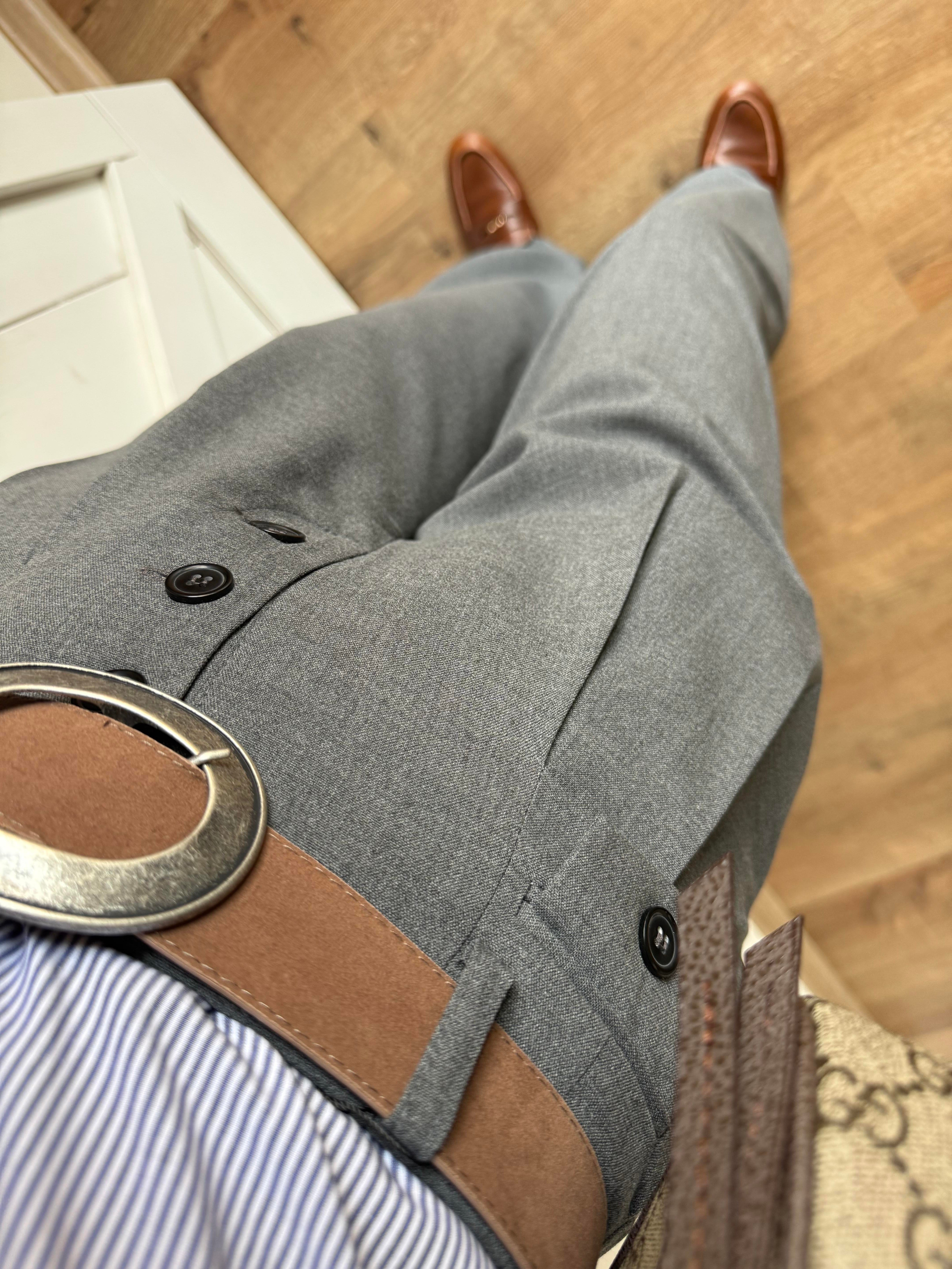 Düğme Detaylı Yüksek Bel Gri Palazzo Pantolon