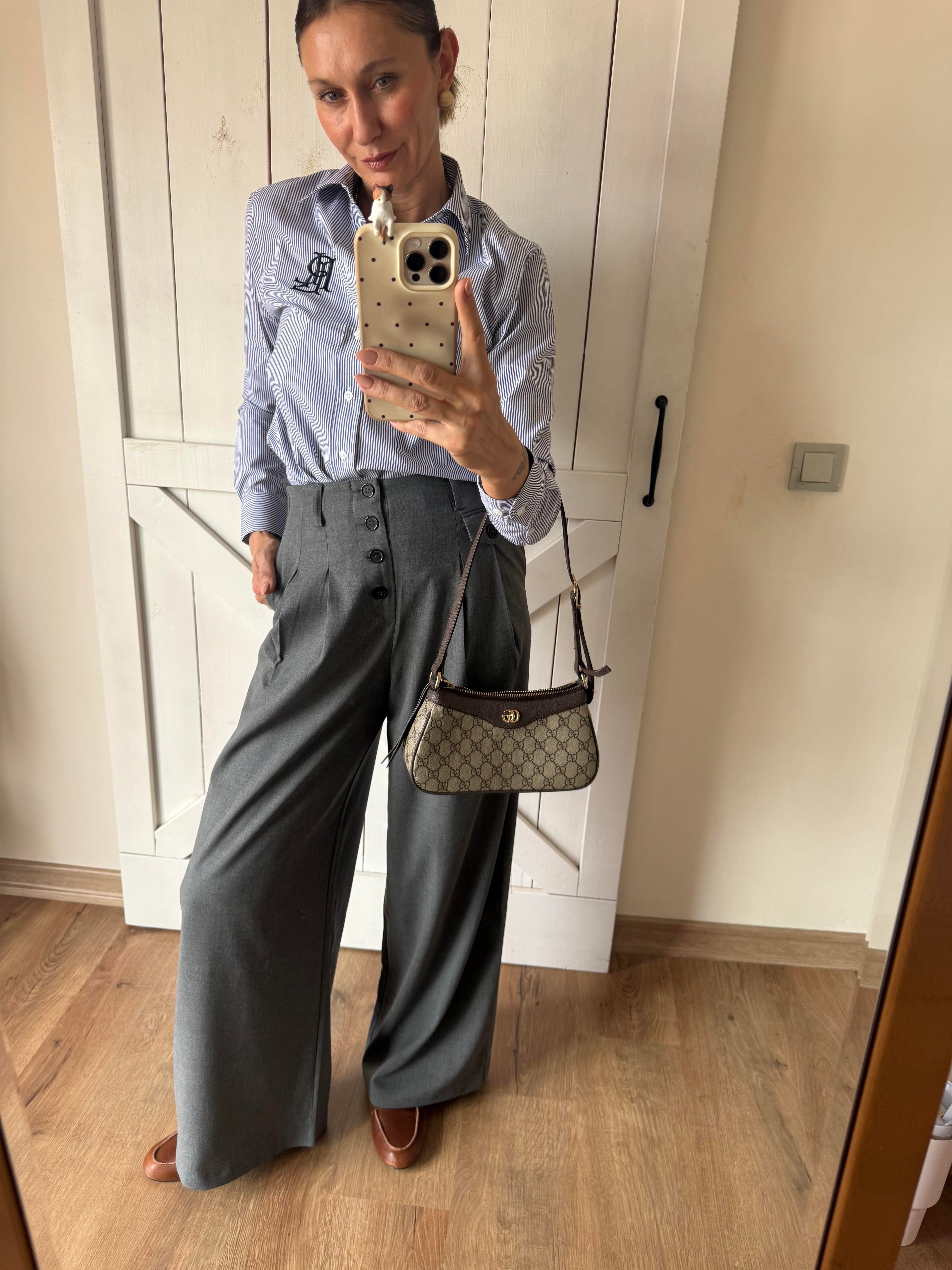 Düğme Detaylı Yüksek Bel Gri Palazzo Pantolon