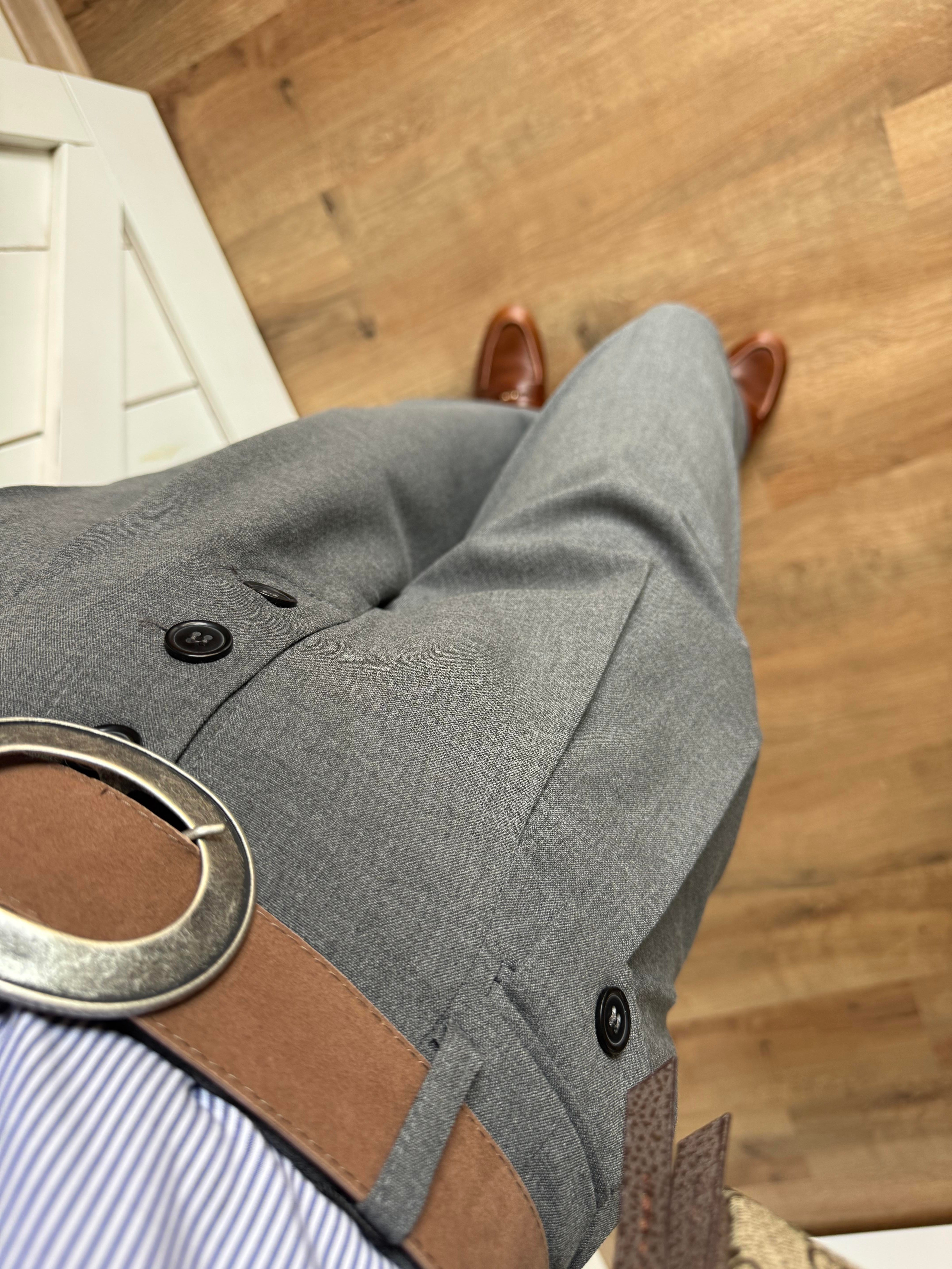 Düğme Detaylı Yüksek Bel Gri Palazzo Pantolon