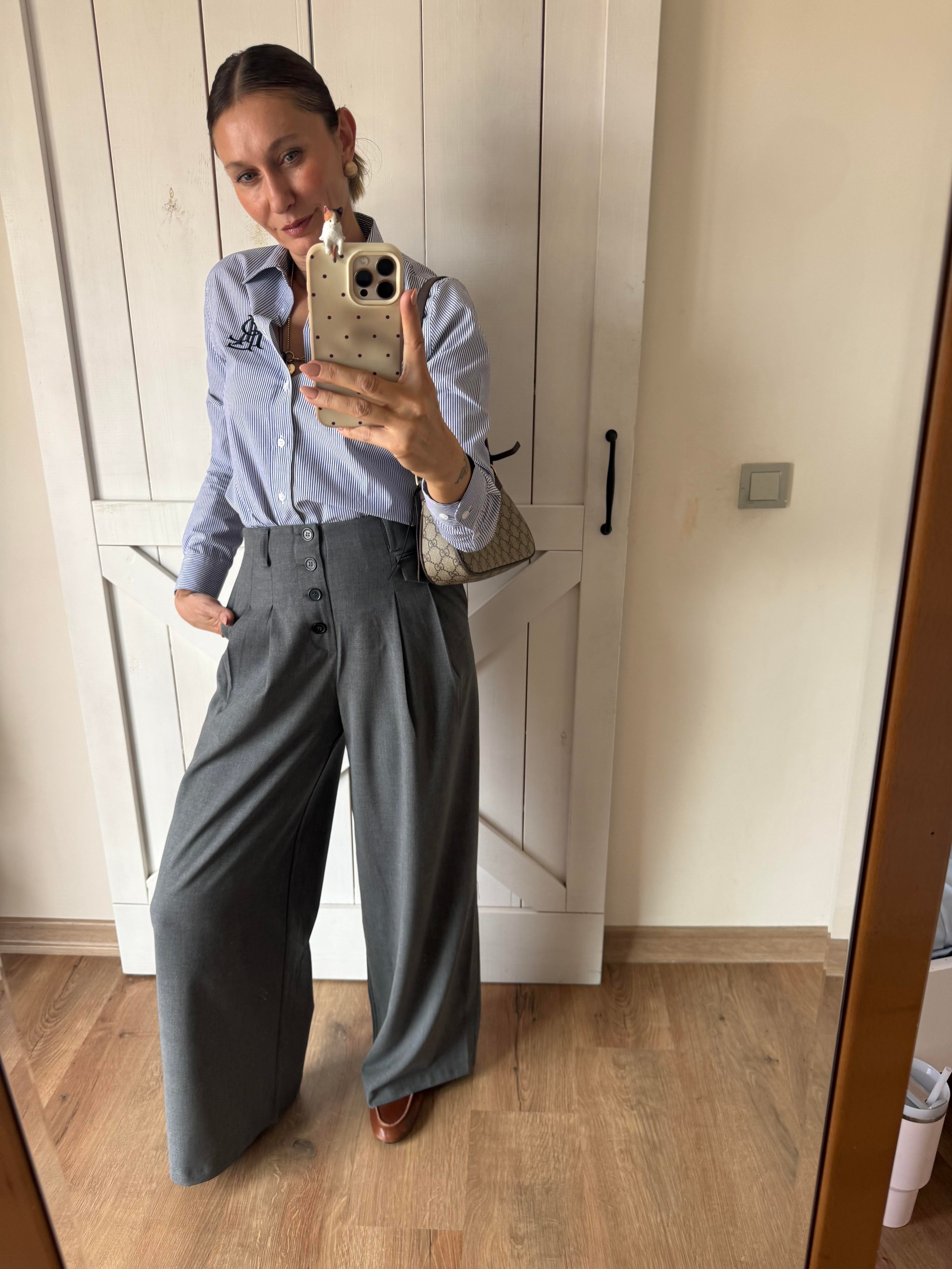 Düğme Detaylı Yüksek Bel Gri Palazzo Pantolon