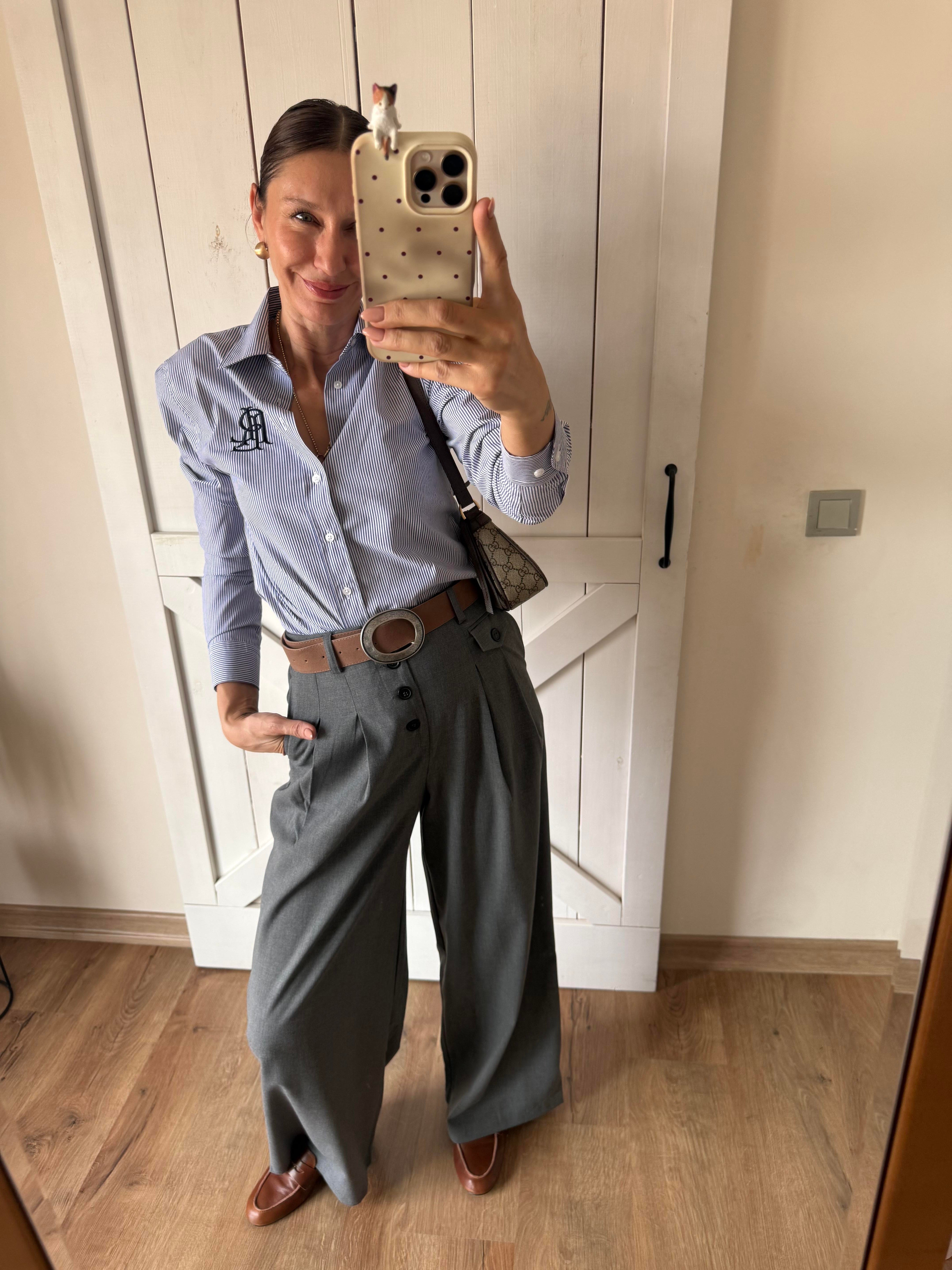 Düğme Detaylı Yüksek Bel Gri Palazzo Pantolon