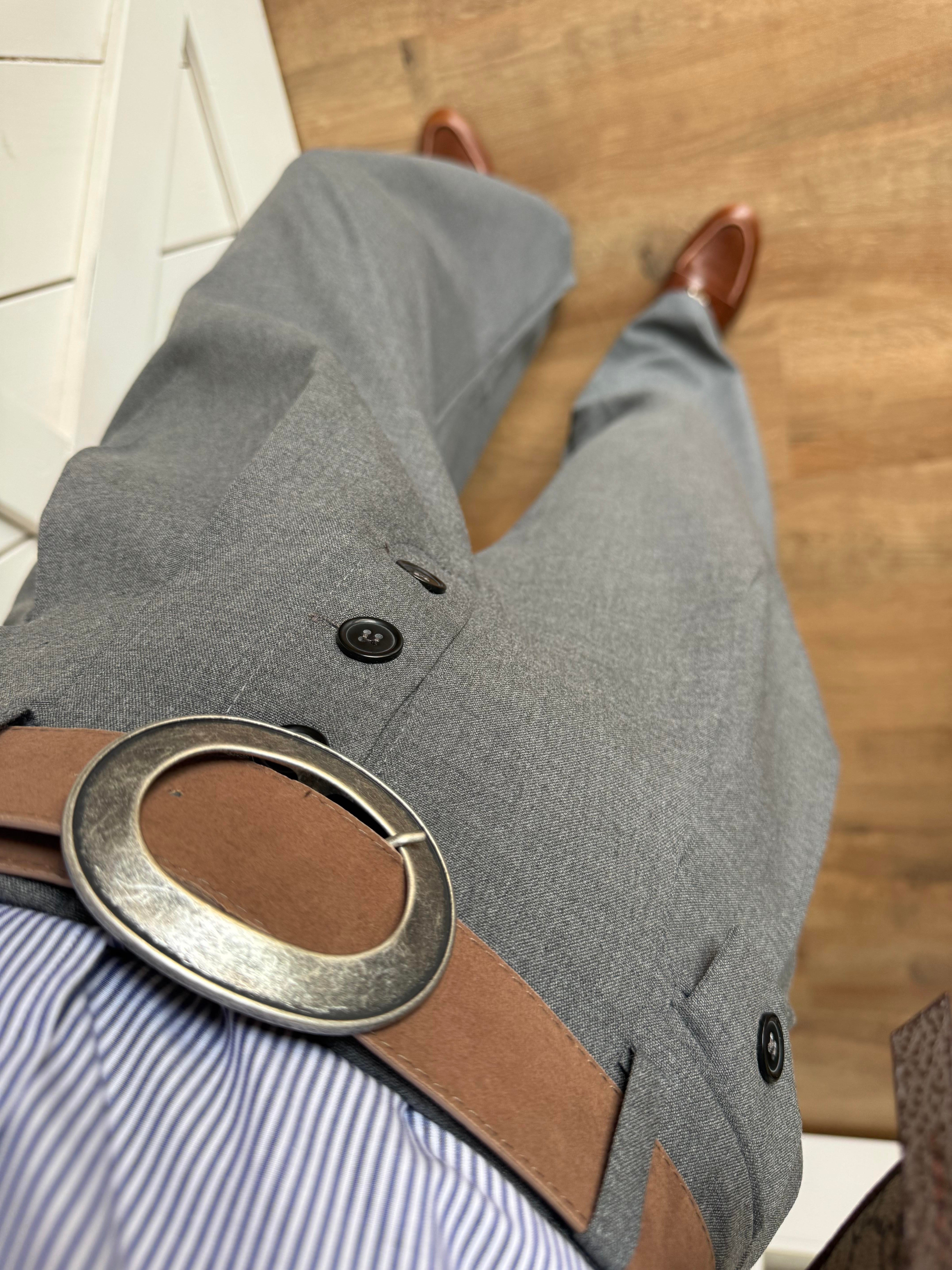 Düğme Detaylı Yüksek Bel Gri Palazzo Pantolon