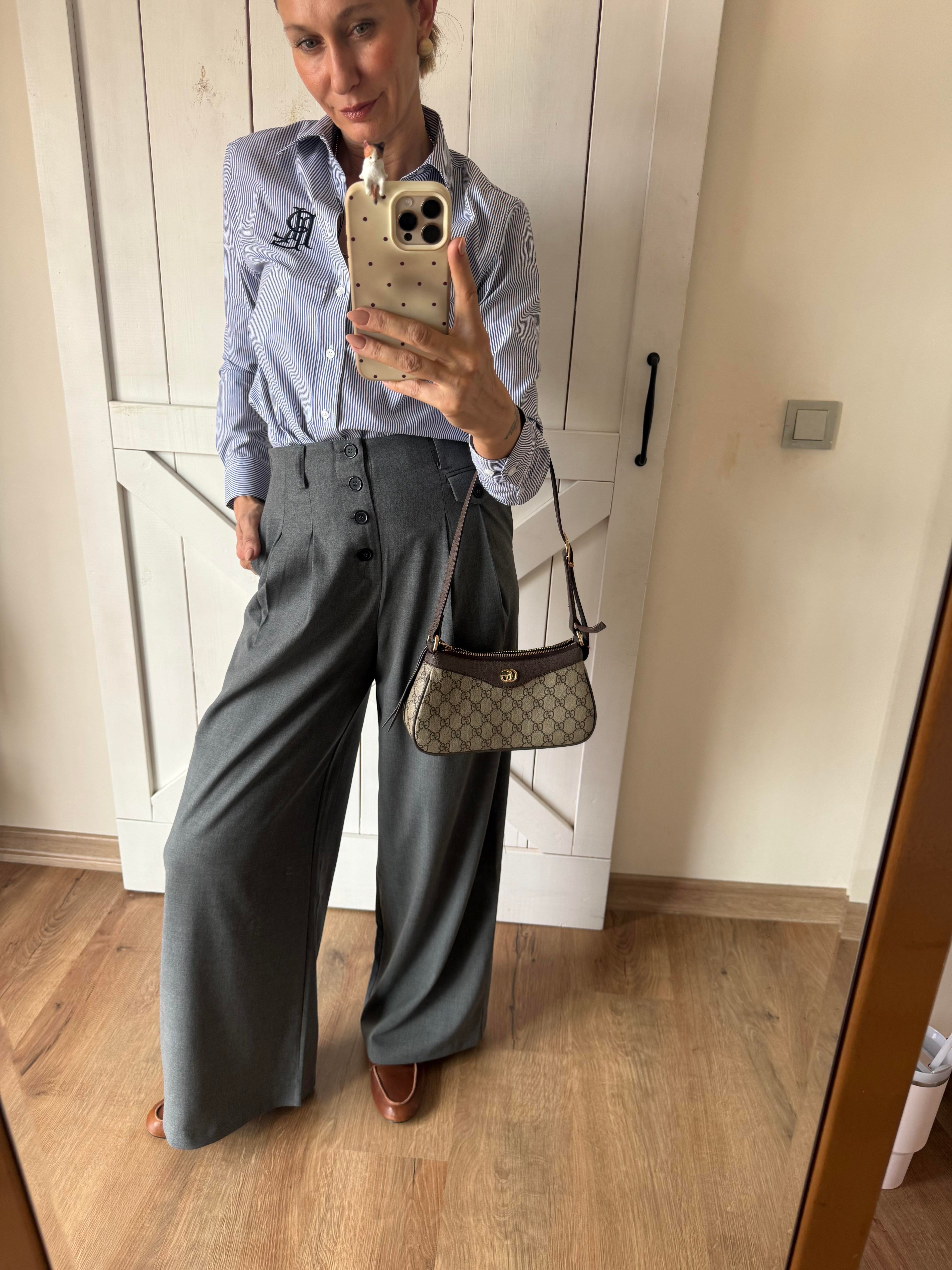 Düğme Detaylı Yüksek Bel Gri Palazzo Pantolon