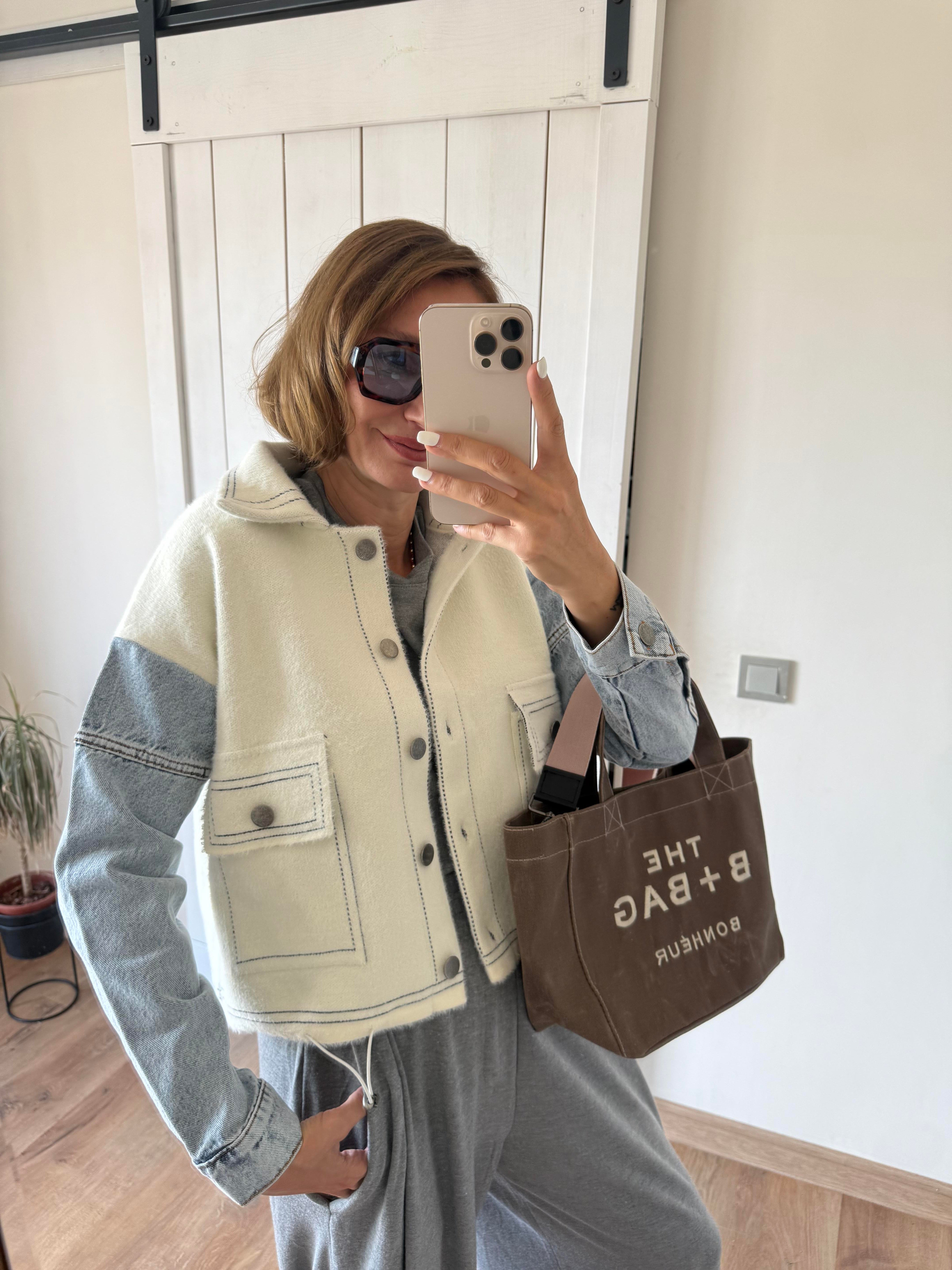 Ekru Denim Detaylı Ceket