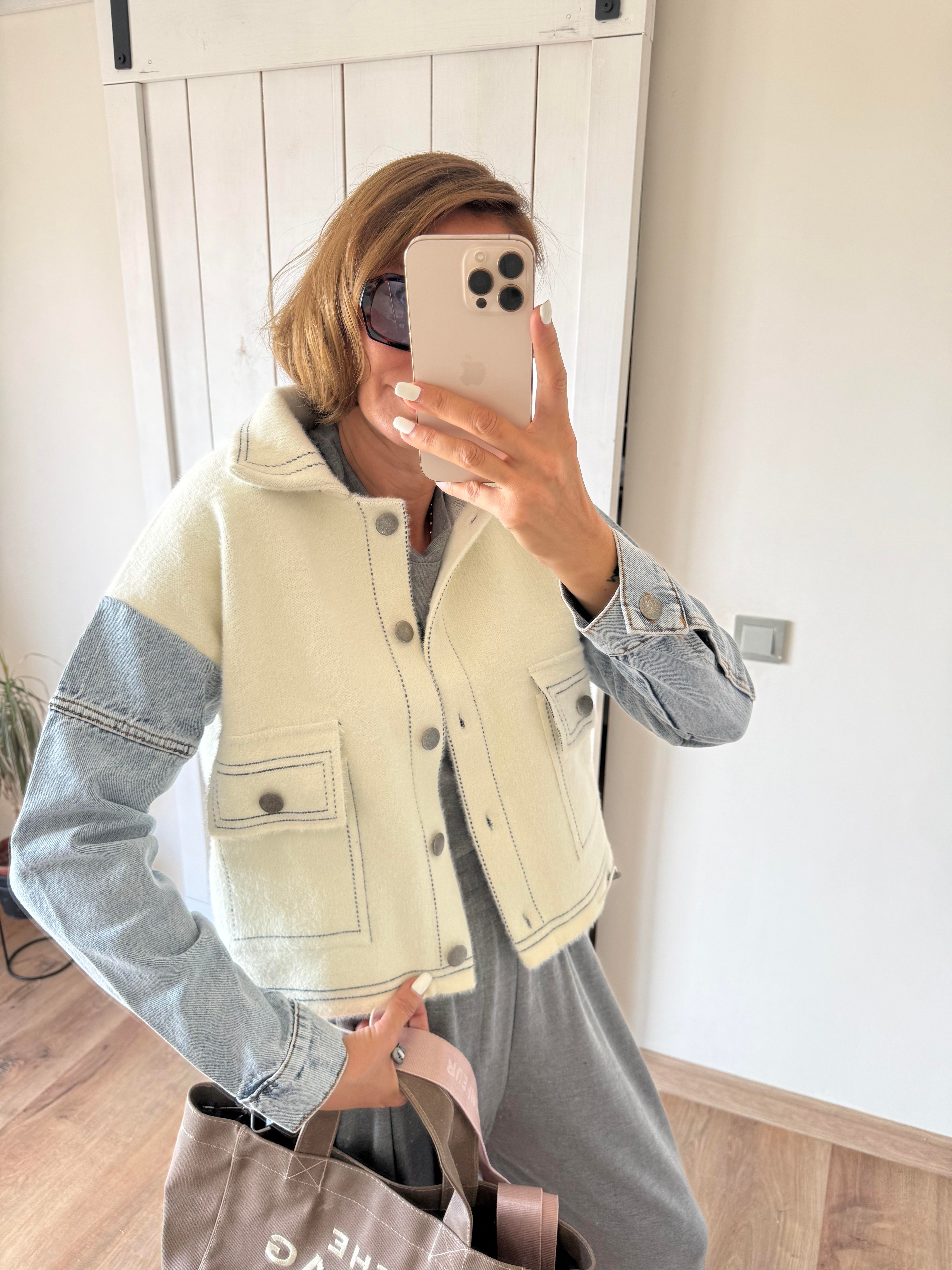 Ekru Denim Detaylı Ceket