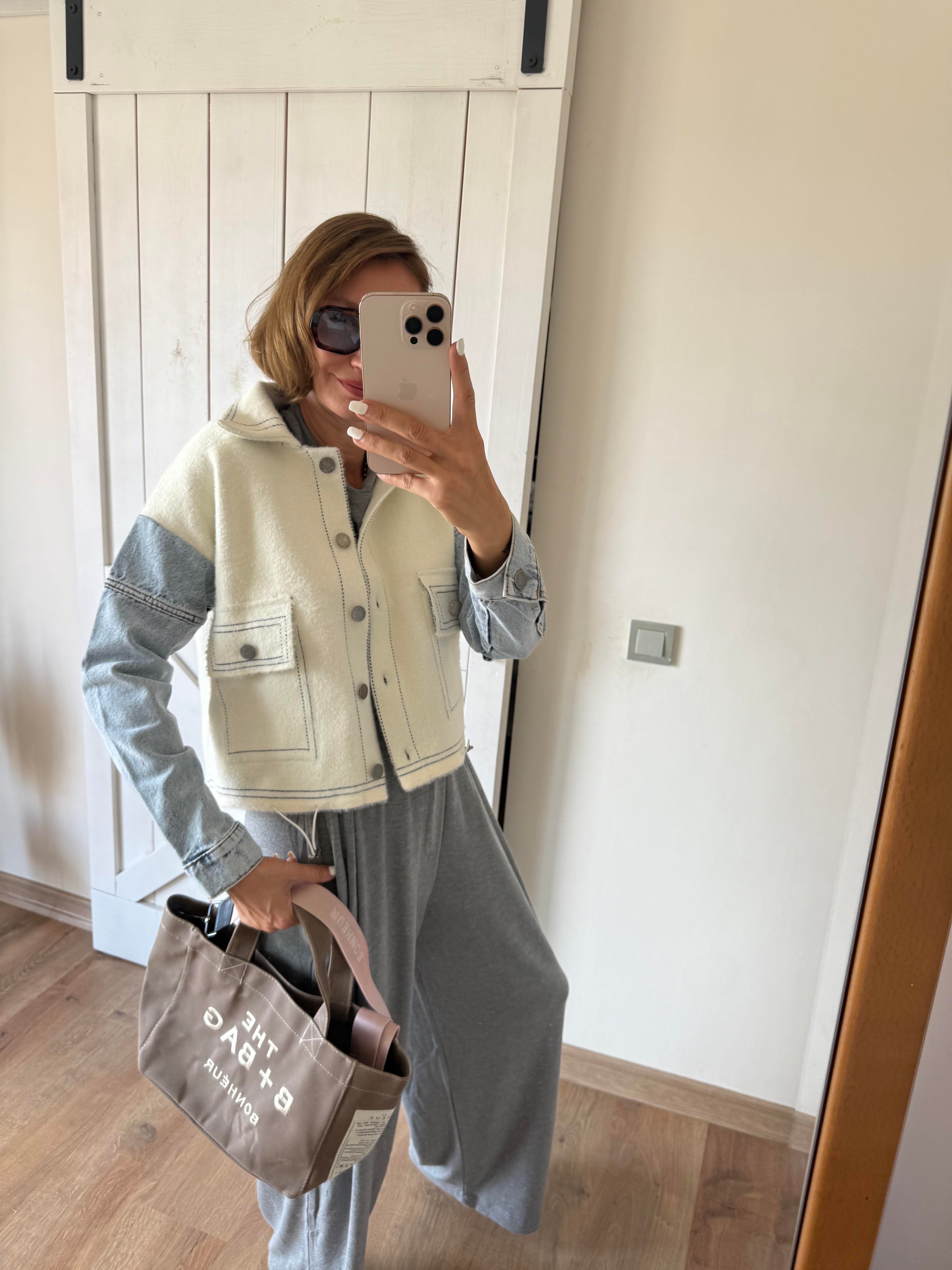 Ekru Denim Detaylı Ceket