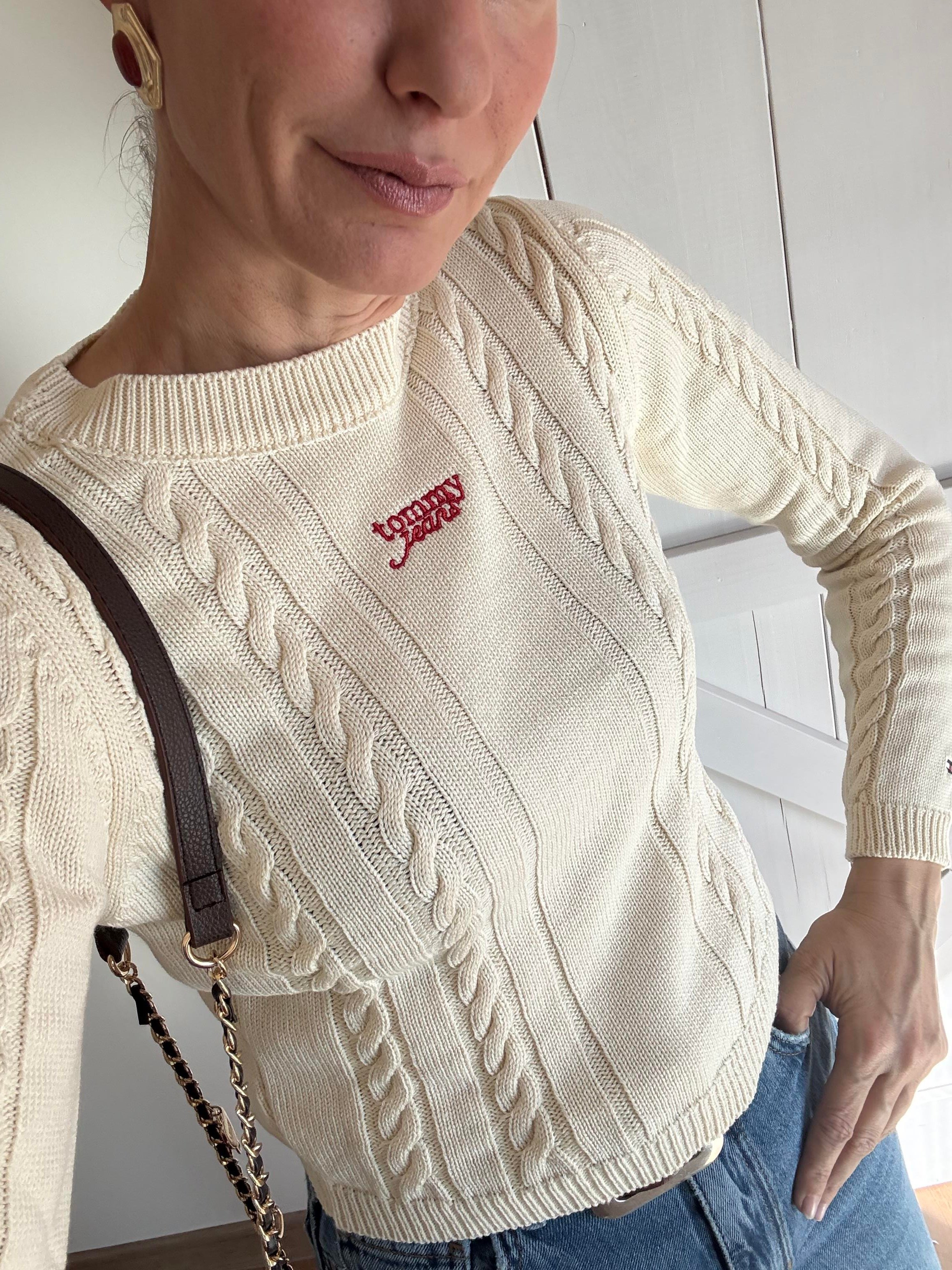 Ekru Saç Örgü Triko Kazak