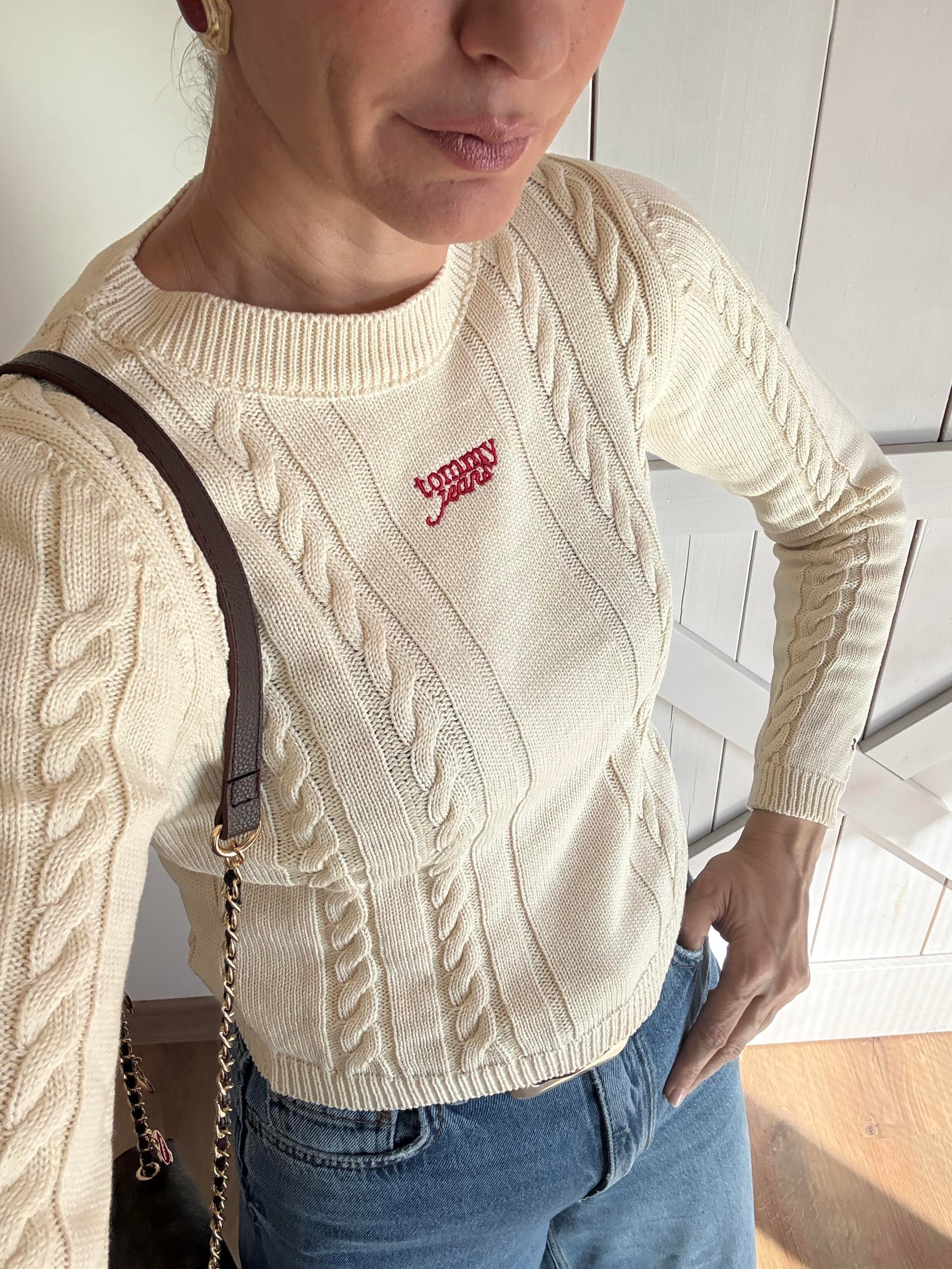 Ekru Saç Örgü Triko Kazak