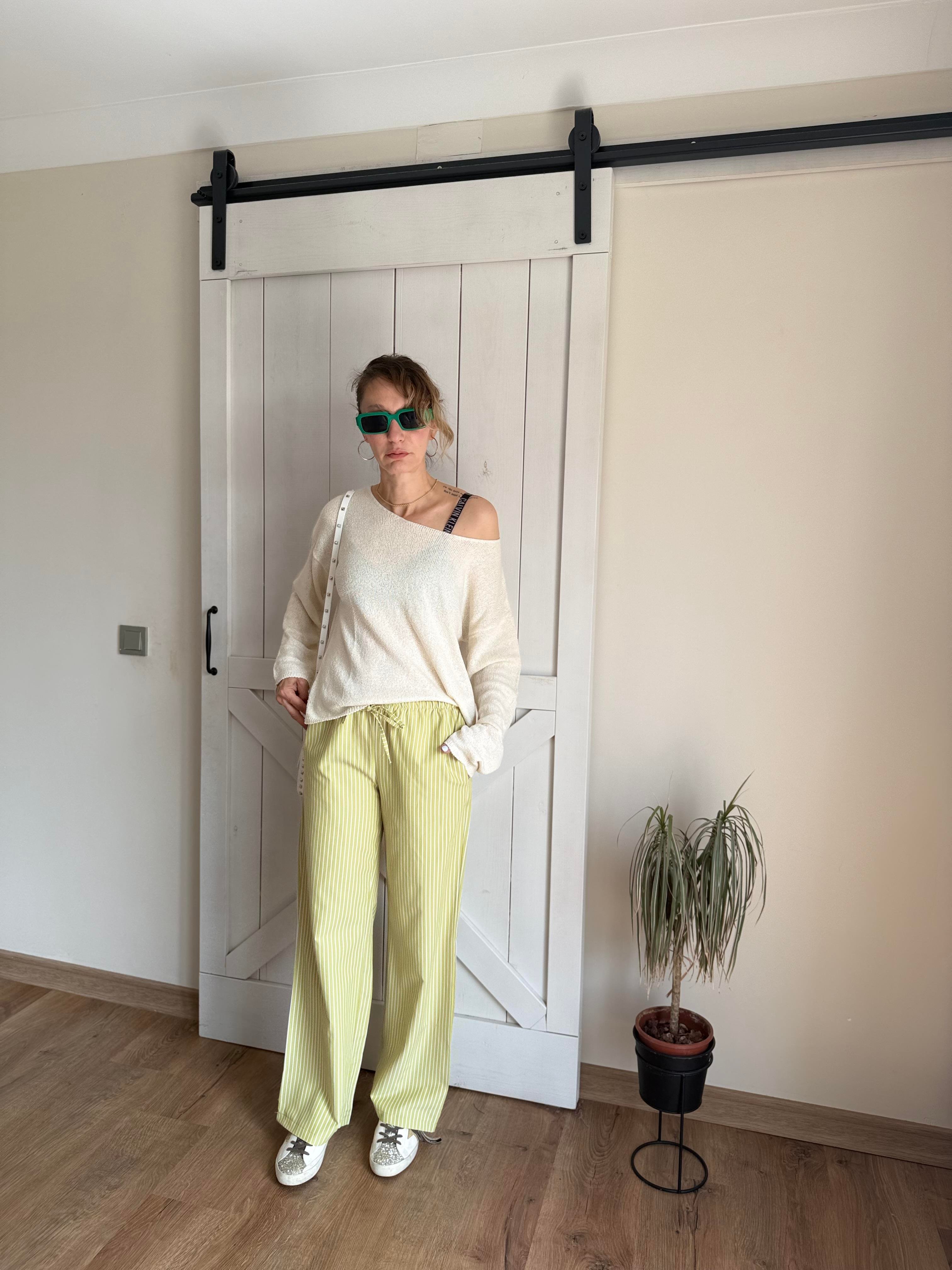 Erik Çizgili Belden Bağlamalı Pantolon