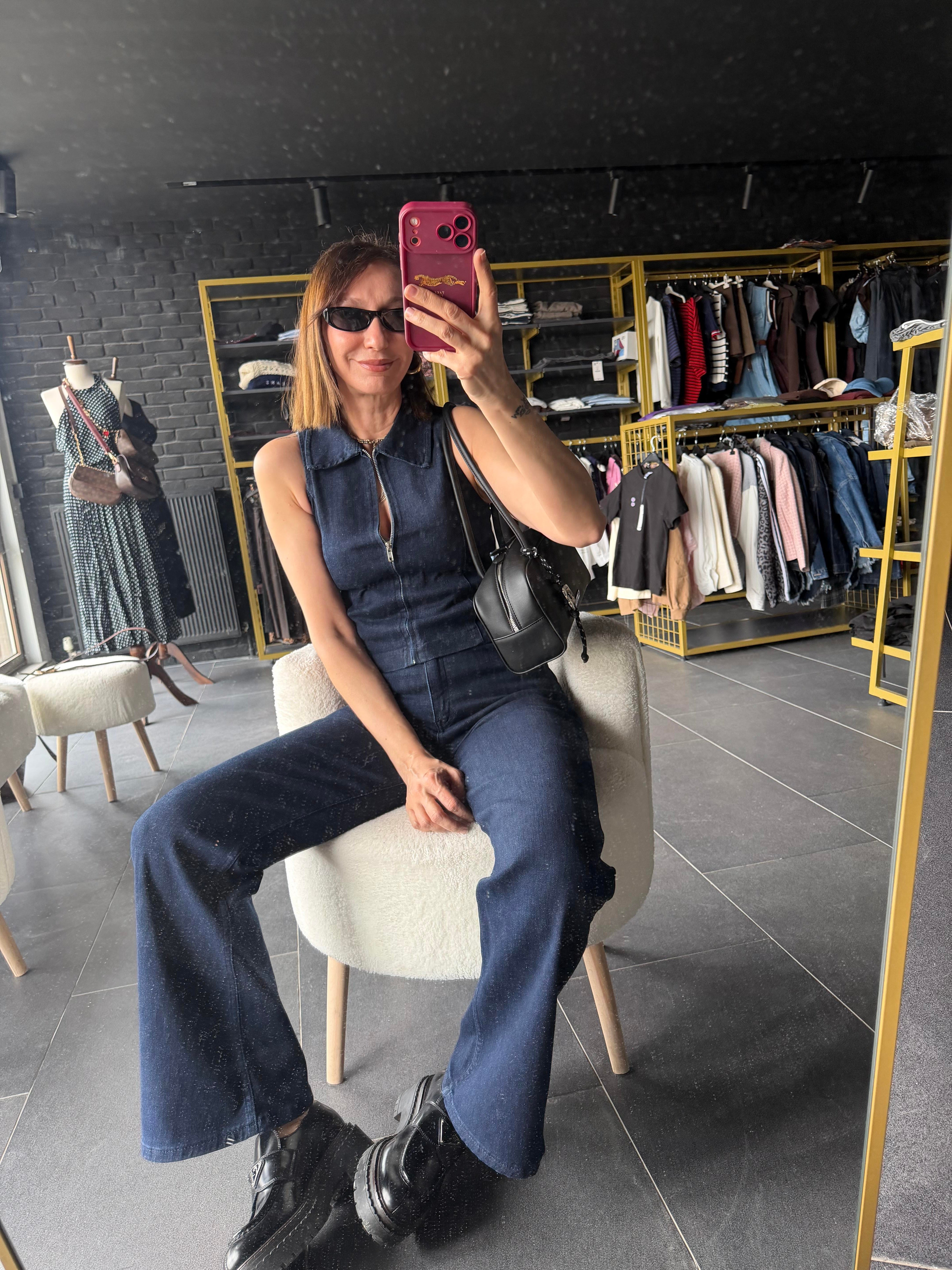 Fermuarlı Denim Görünümlü Takım