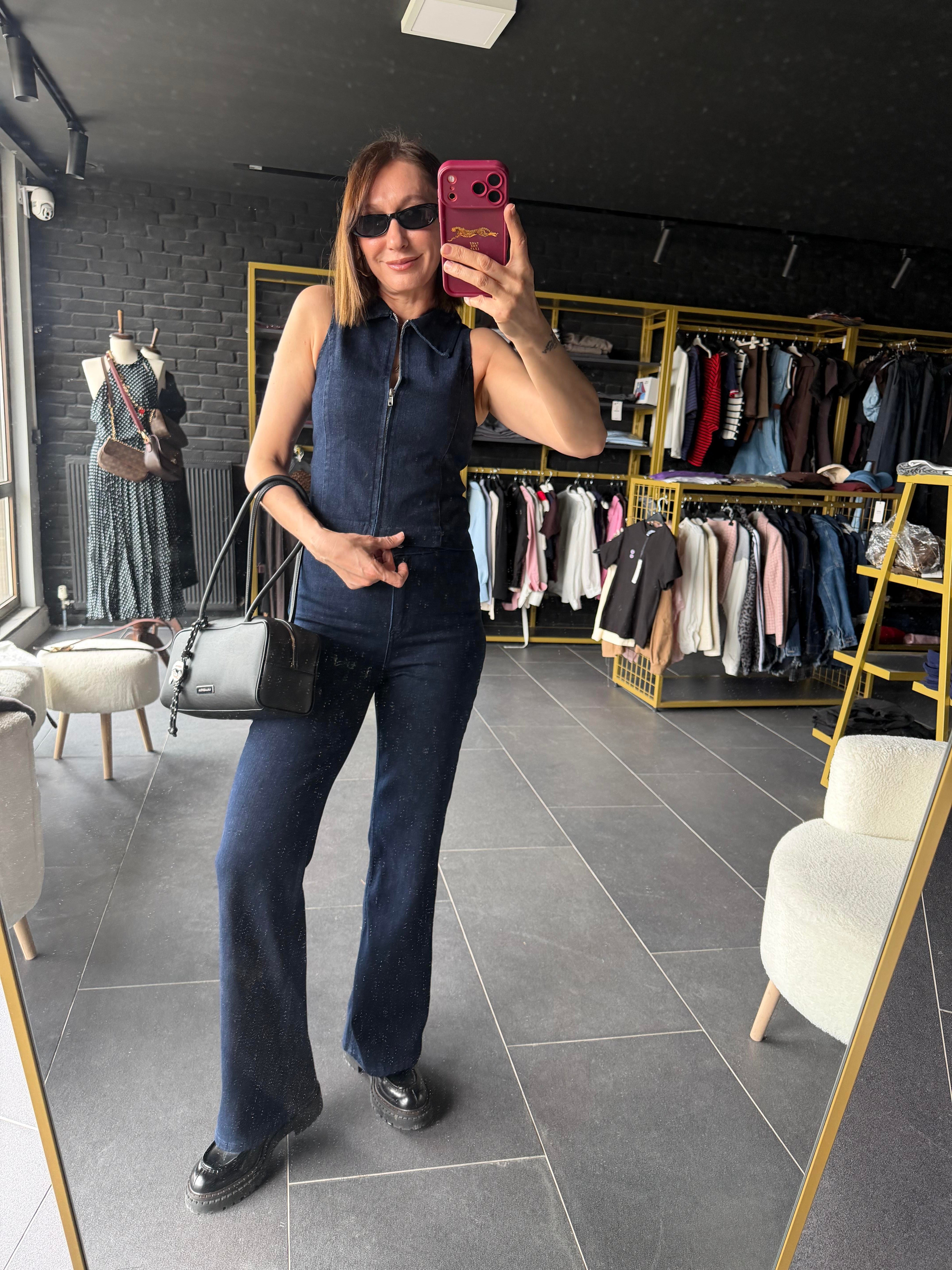 Fermuarlı Denim Görünümlü Takım