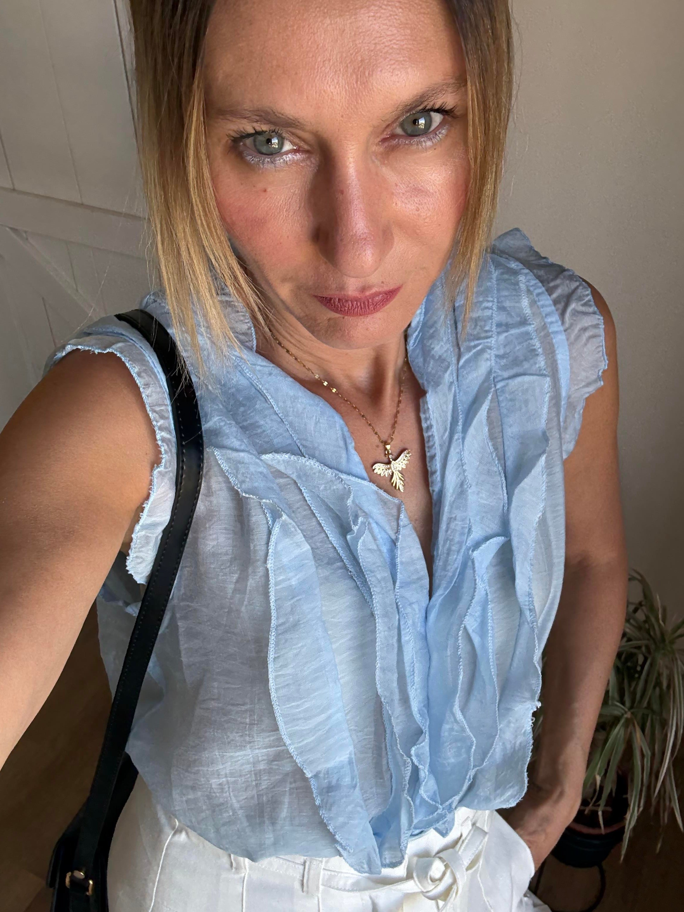 Fırfırlı Mavi Tensel Gömlek