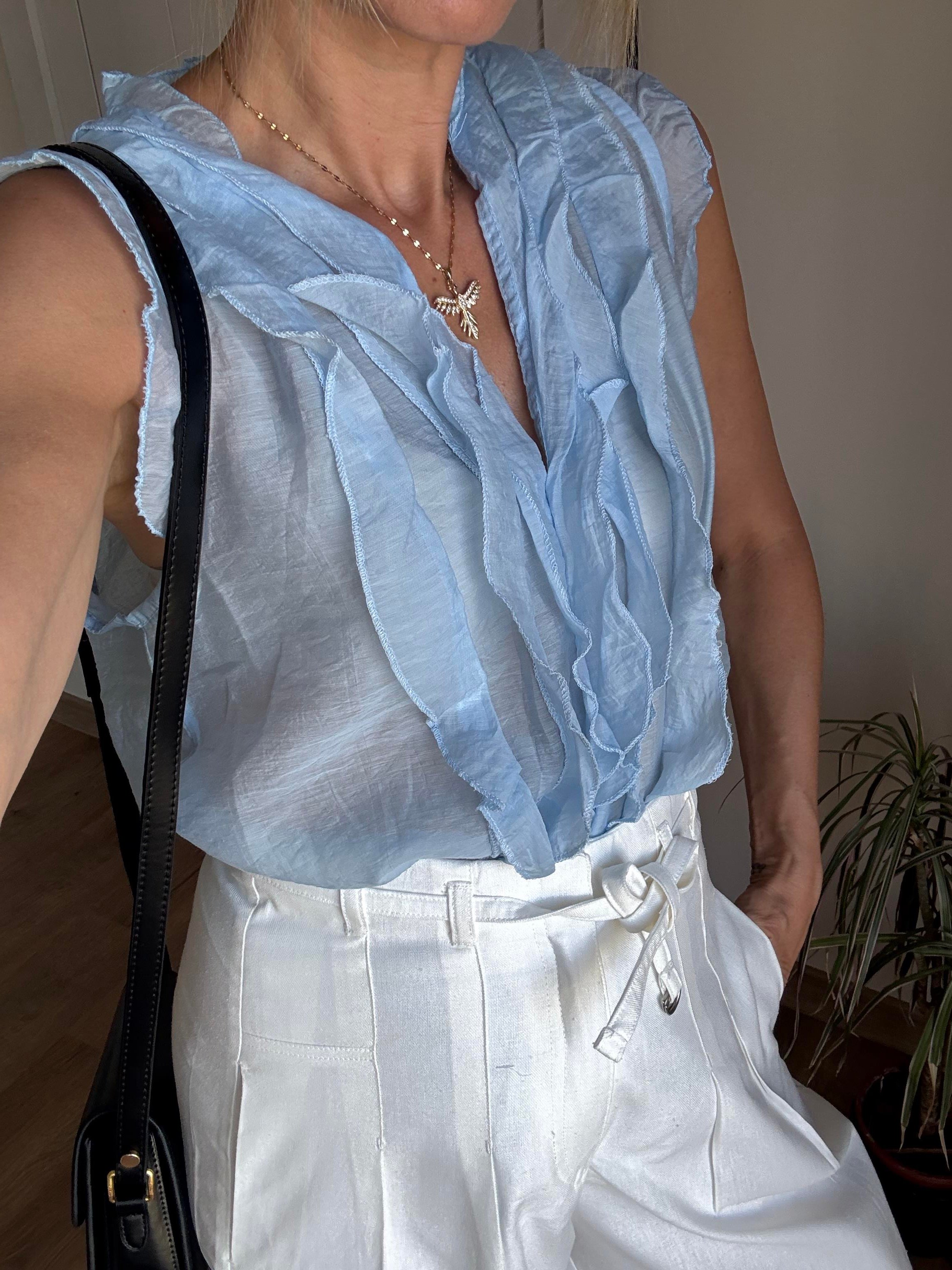 Fırfırlı Mavi Tensel Gömlek