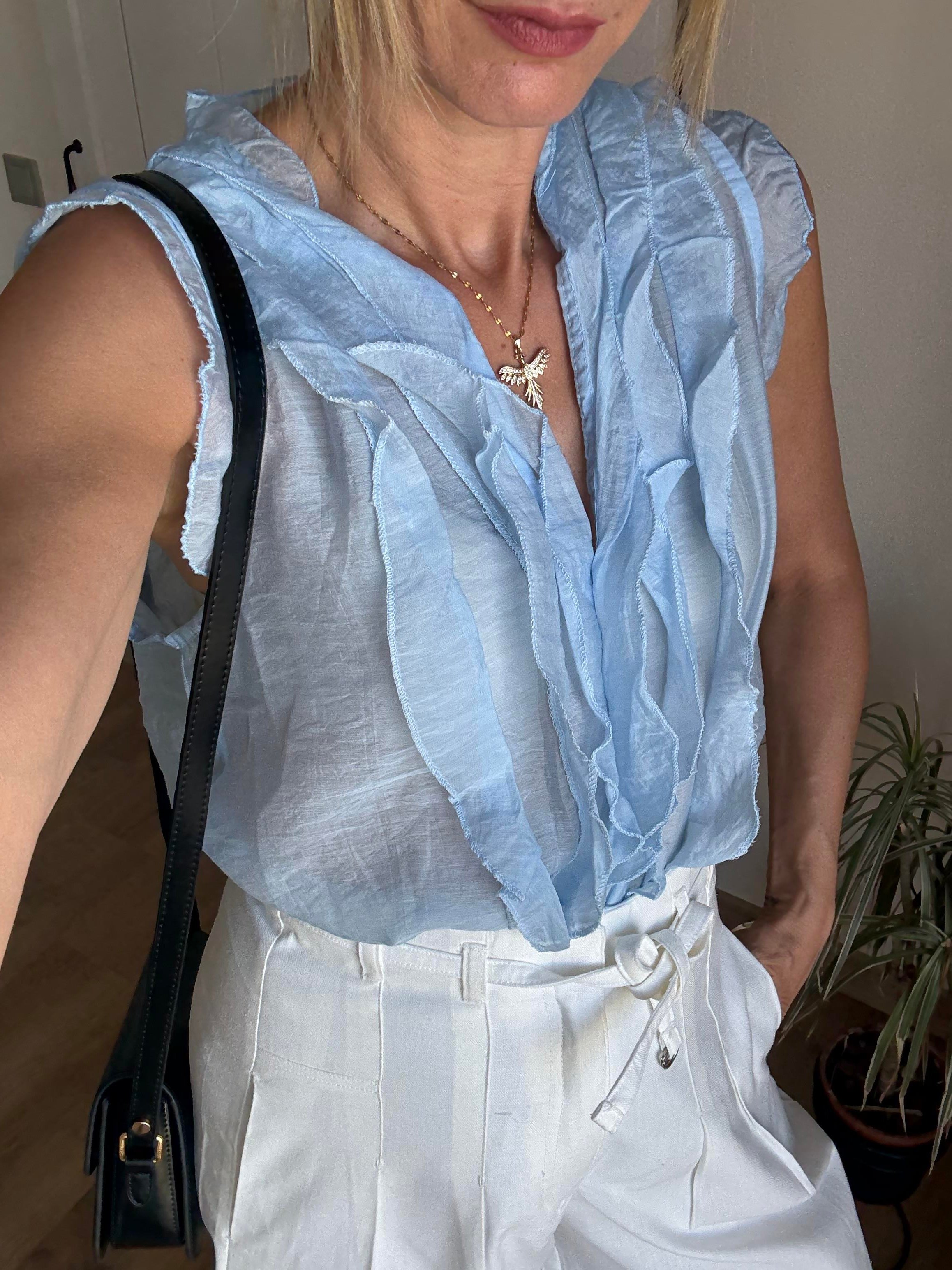 Fırfırlı Mavi Tensel Gömlek