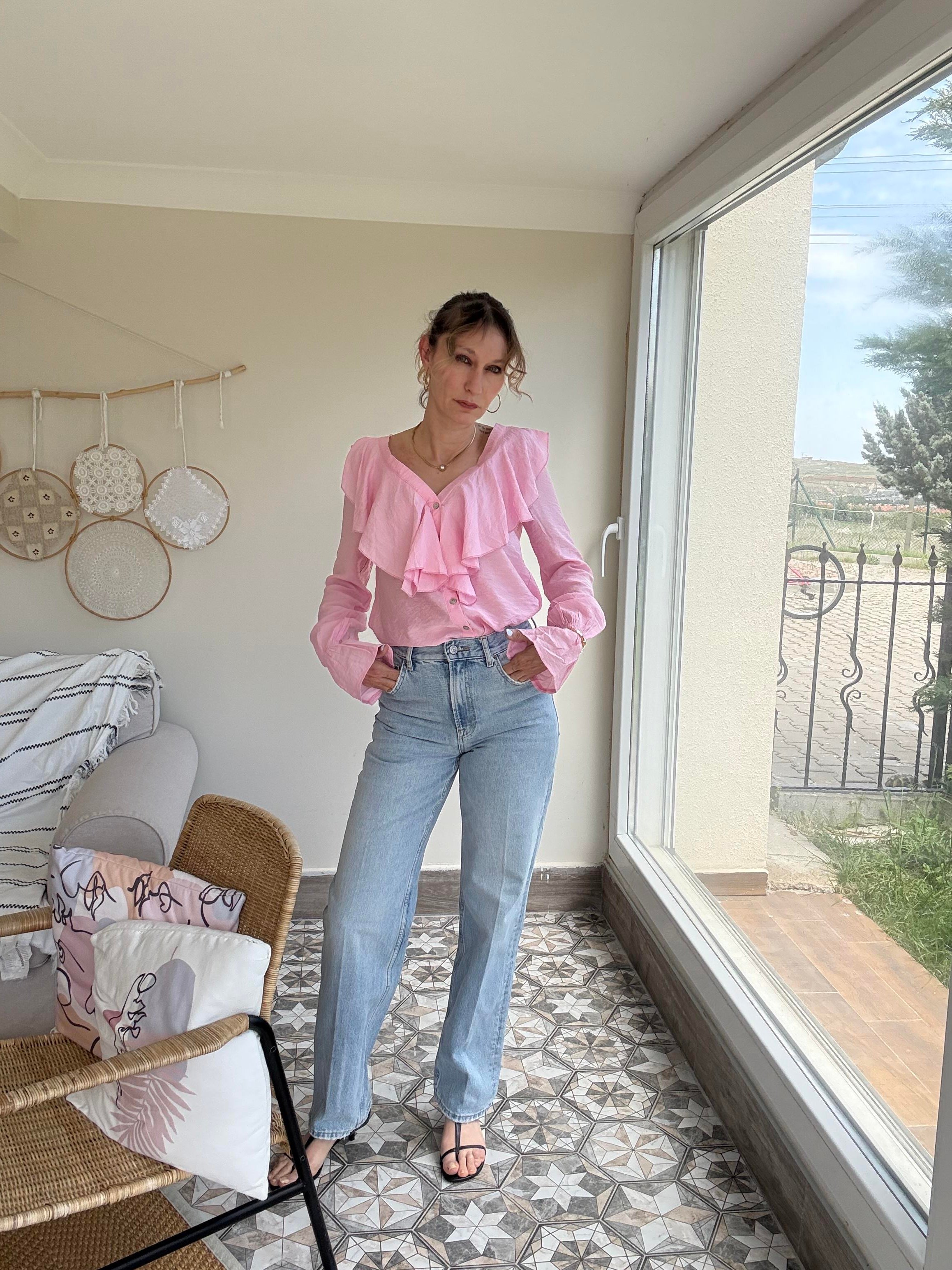 Fırfırlı Pembe Tensel Gömlek