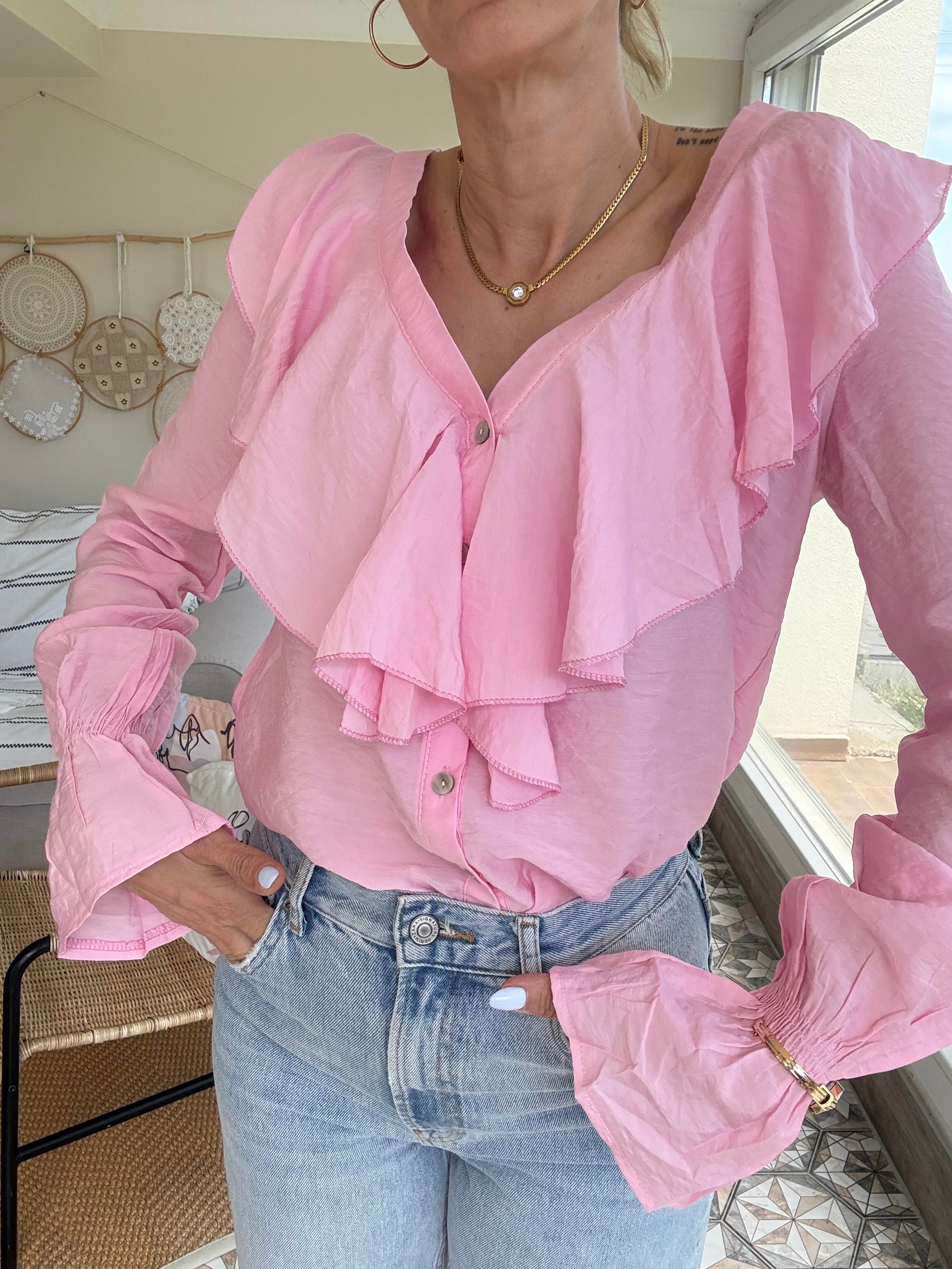 Fırfırlı Pembe Tensel Gömlek