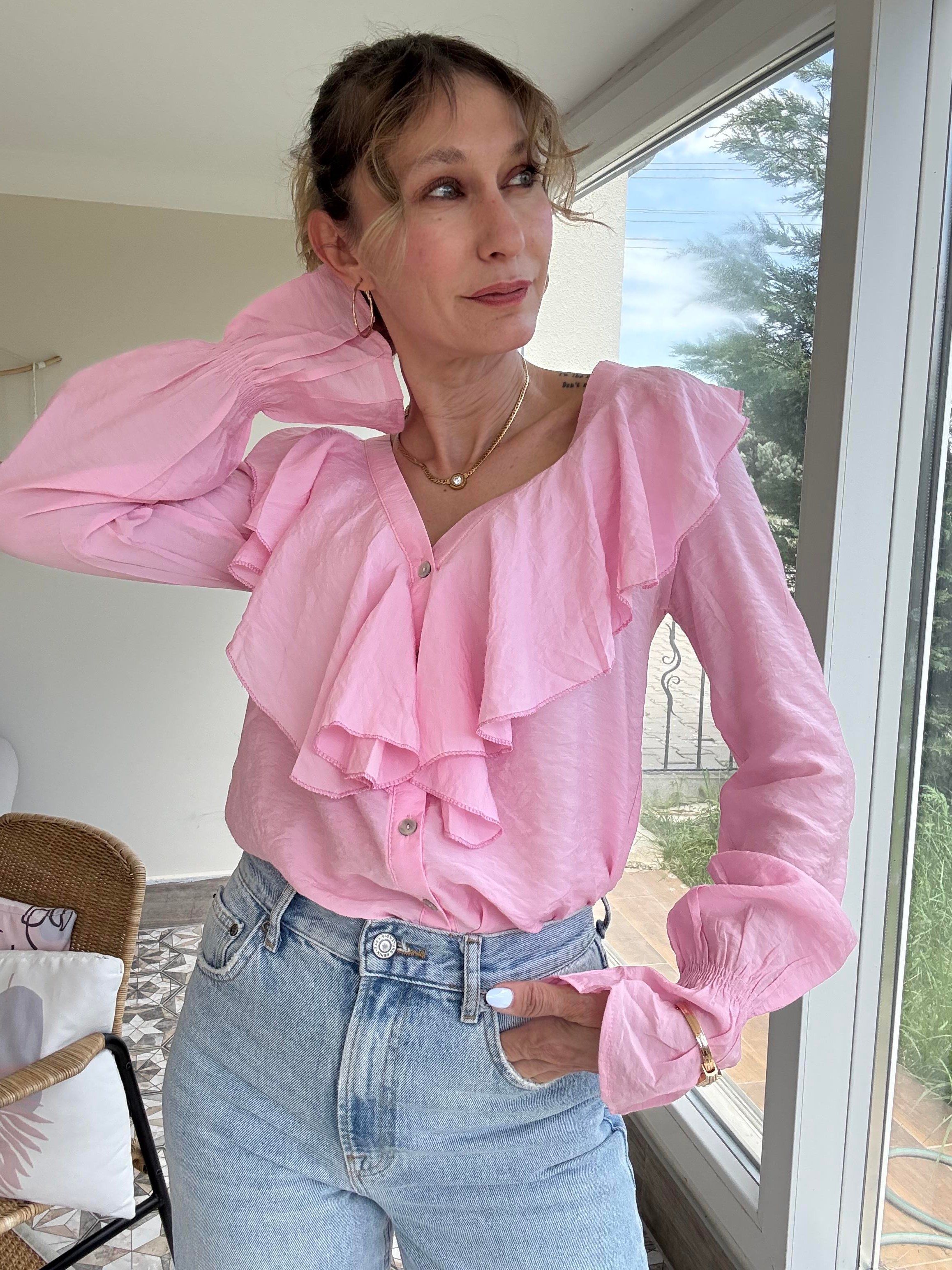 Fırfırlı Pembe Tensel Gömlek