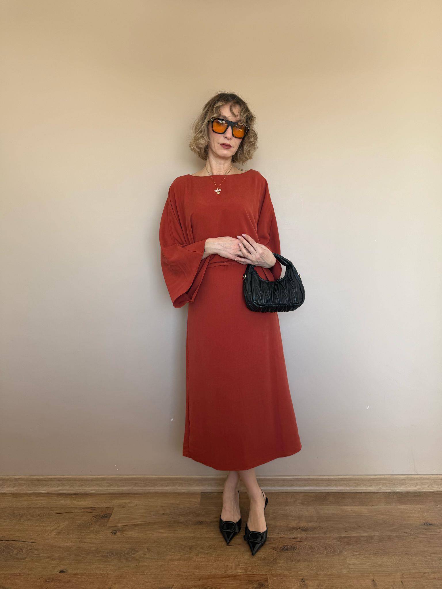 FLAİR Mi Kiremit Bel Büzdürme Ayarlamalı Yarasa Kol Elbise