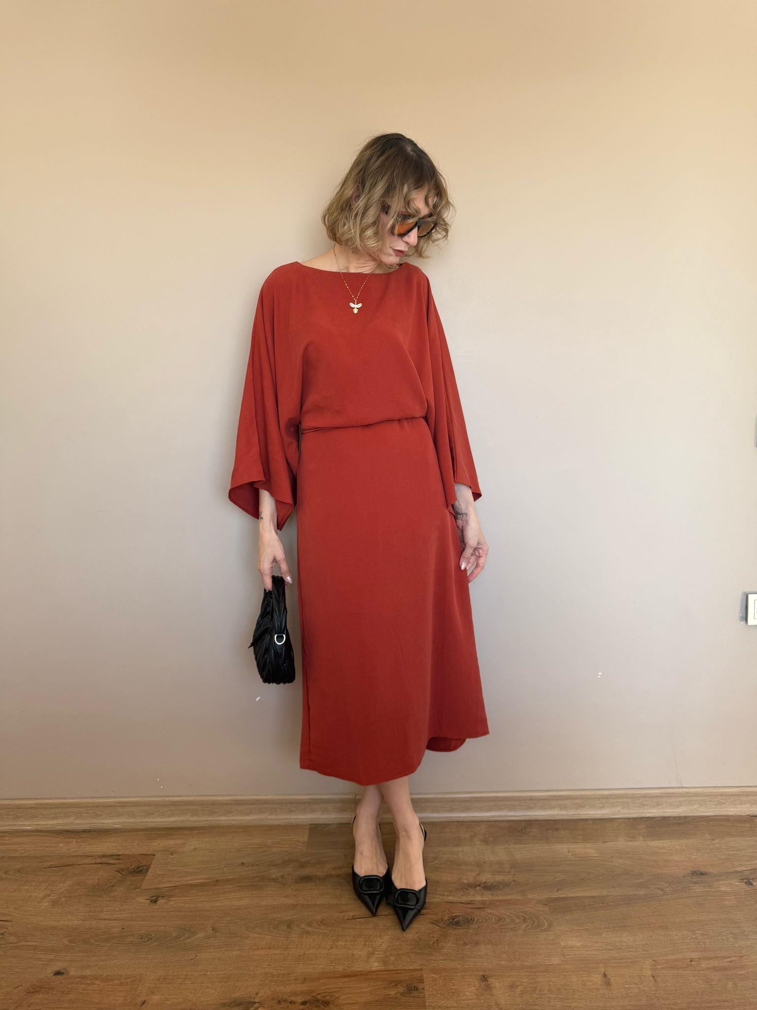 FLAİR Mi Kiremit Bel Büzdürme Ayarlamalı Yarasa Kol Elbise