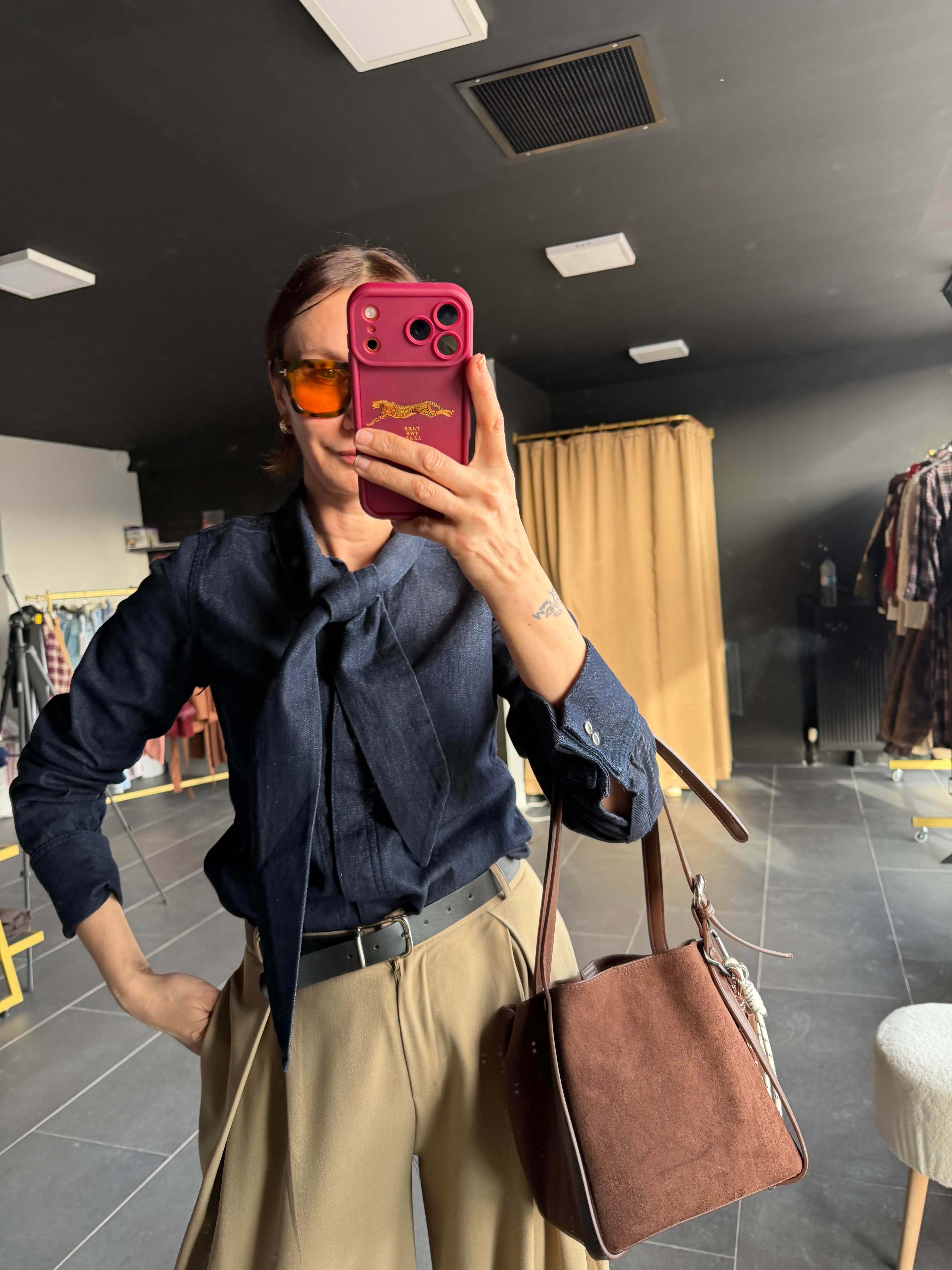 Fularlı Denim Gömlek